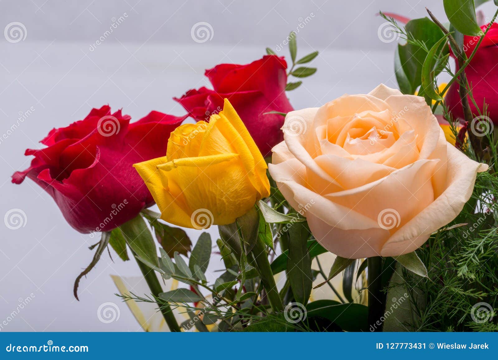 Bouquet Of Assorted Multicolored Roses On White Background. Stock Image