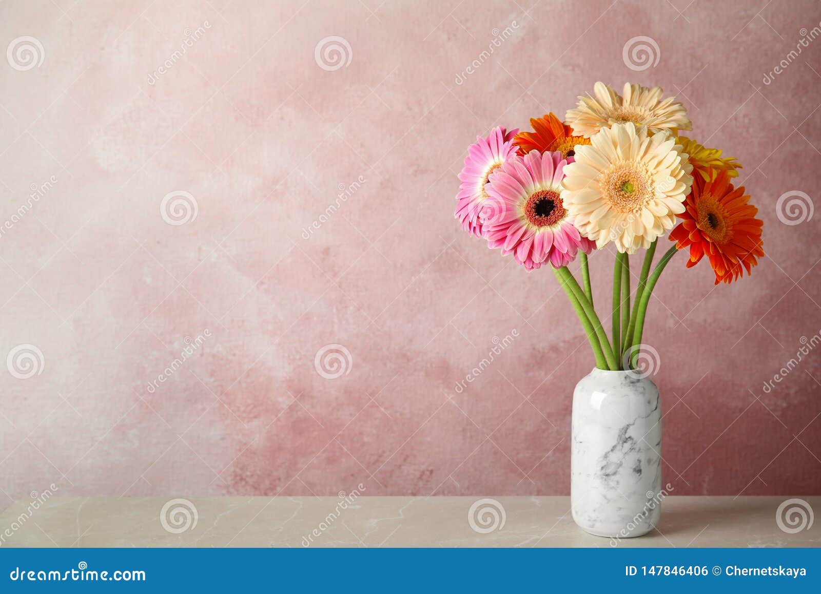 bouquet of beautiful bright gerbera flowers in vase on marble table against color background.
