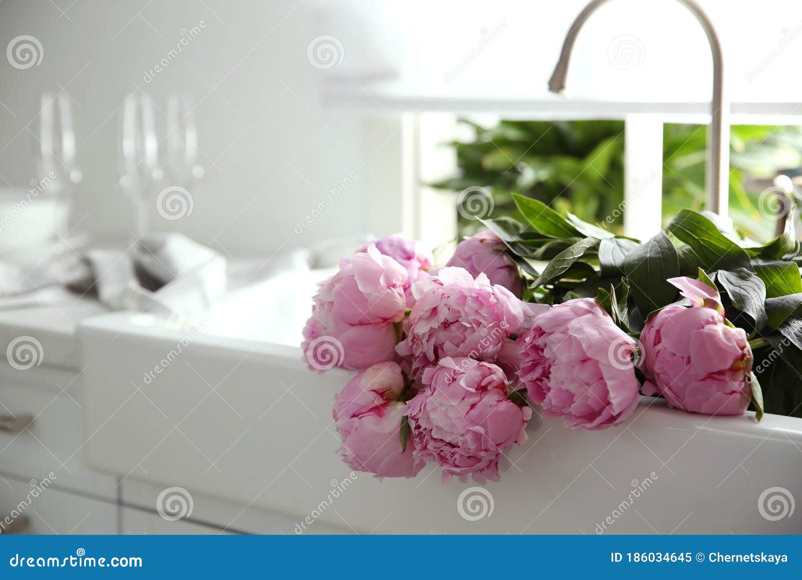 pink peonies kitchen sink