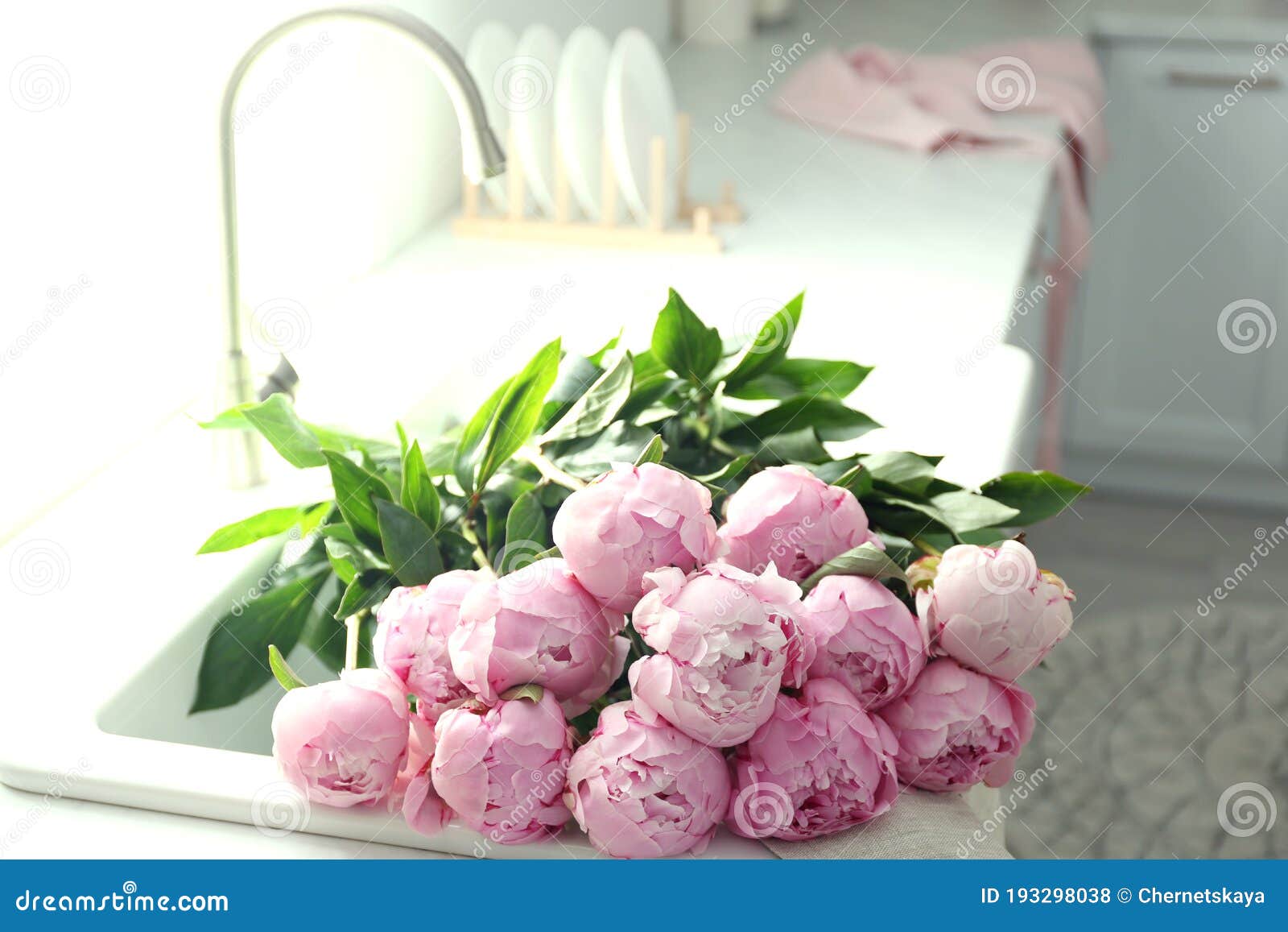 pink peonies kitchen sink