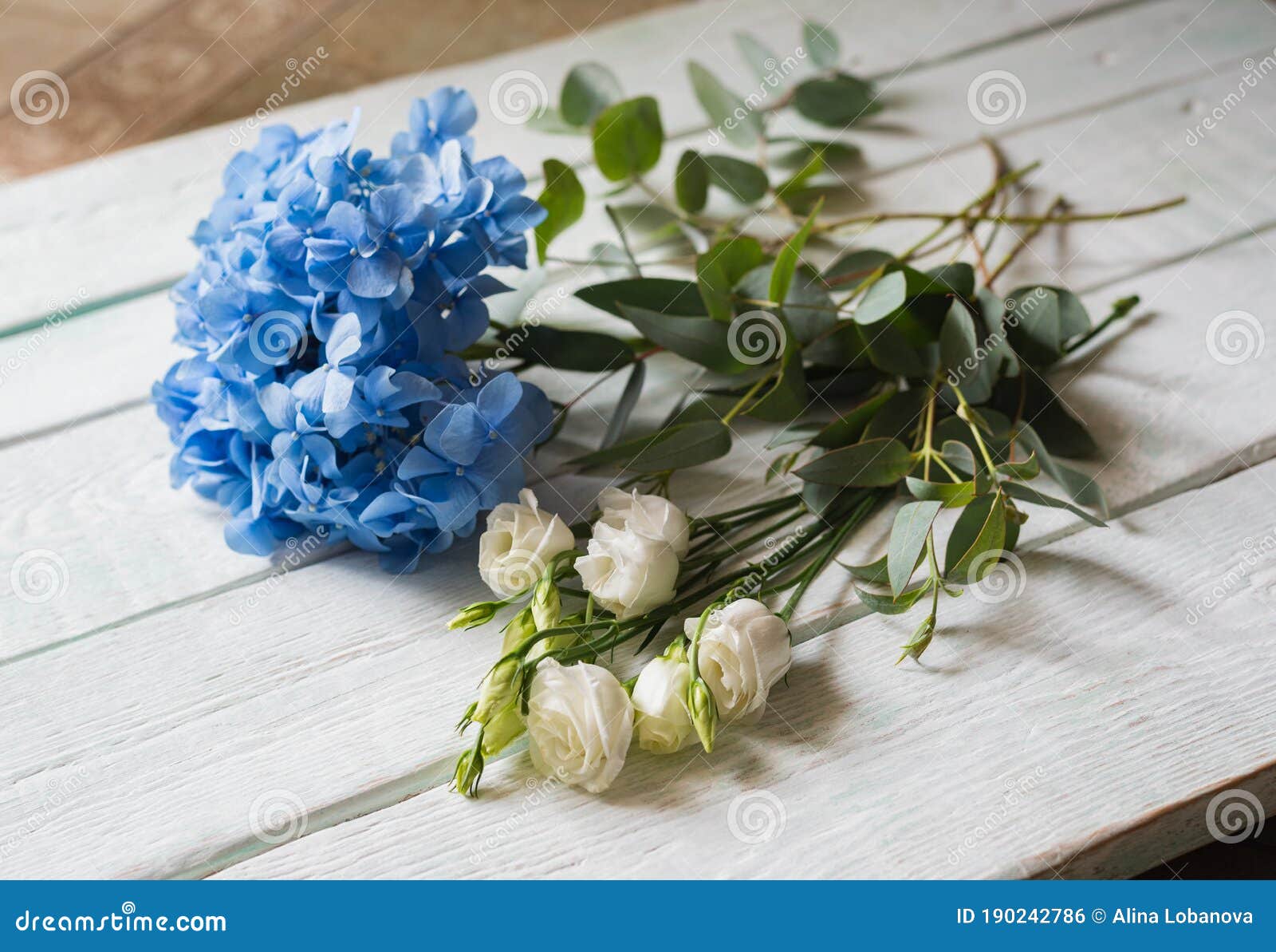 Bouquet with Blue Hydrangea, White Roses Stock Photo - Image of bloom