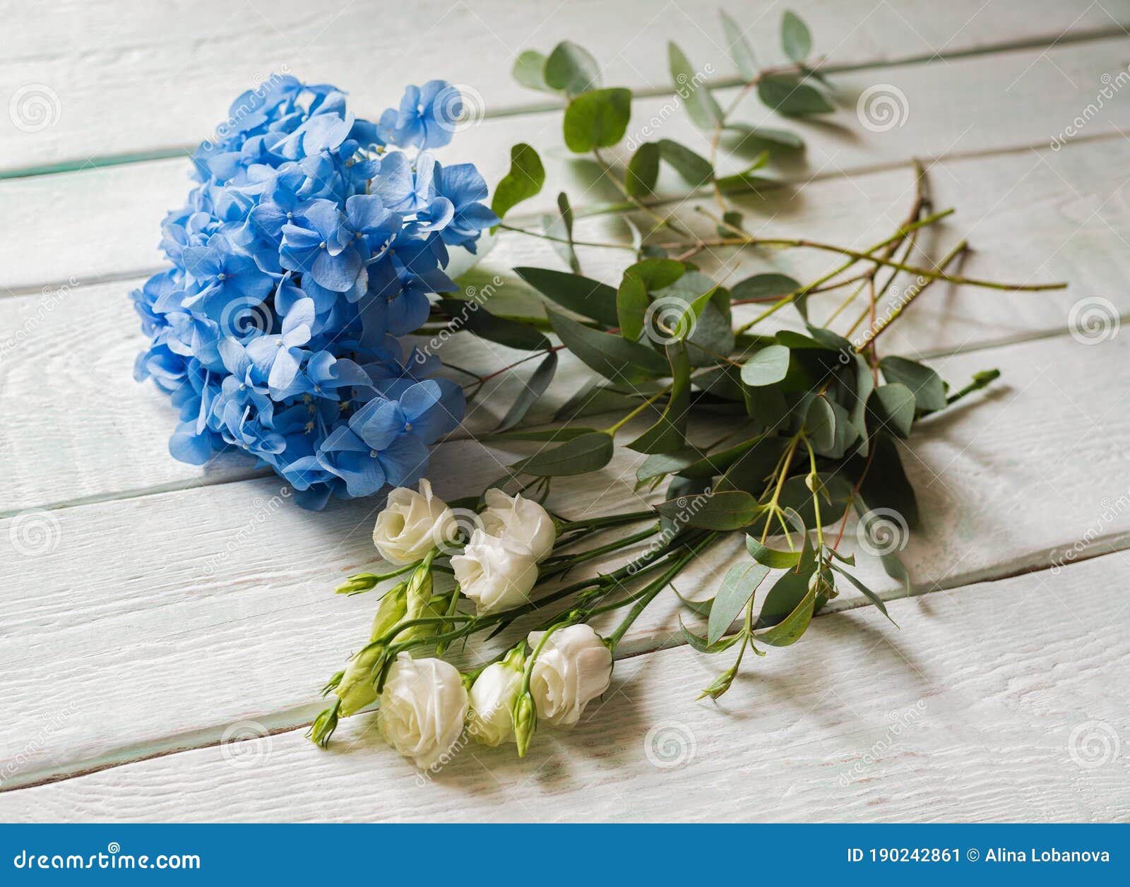Bouquet with Blue Hydrangea, White Roses Stock Image - Image of garden