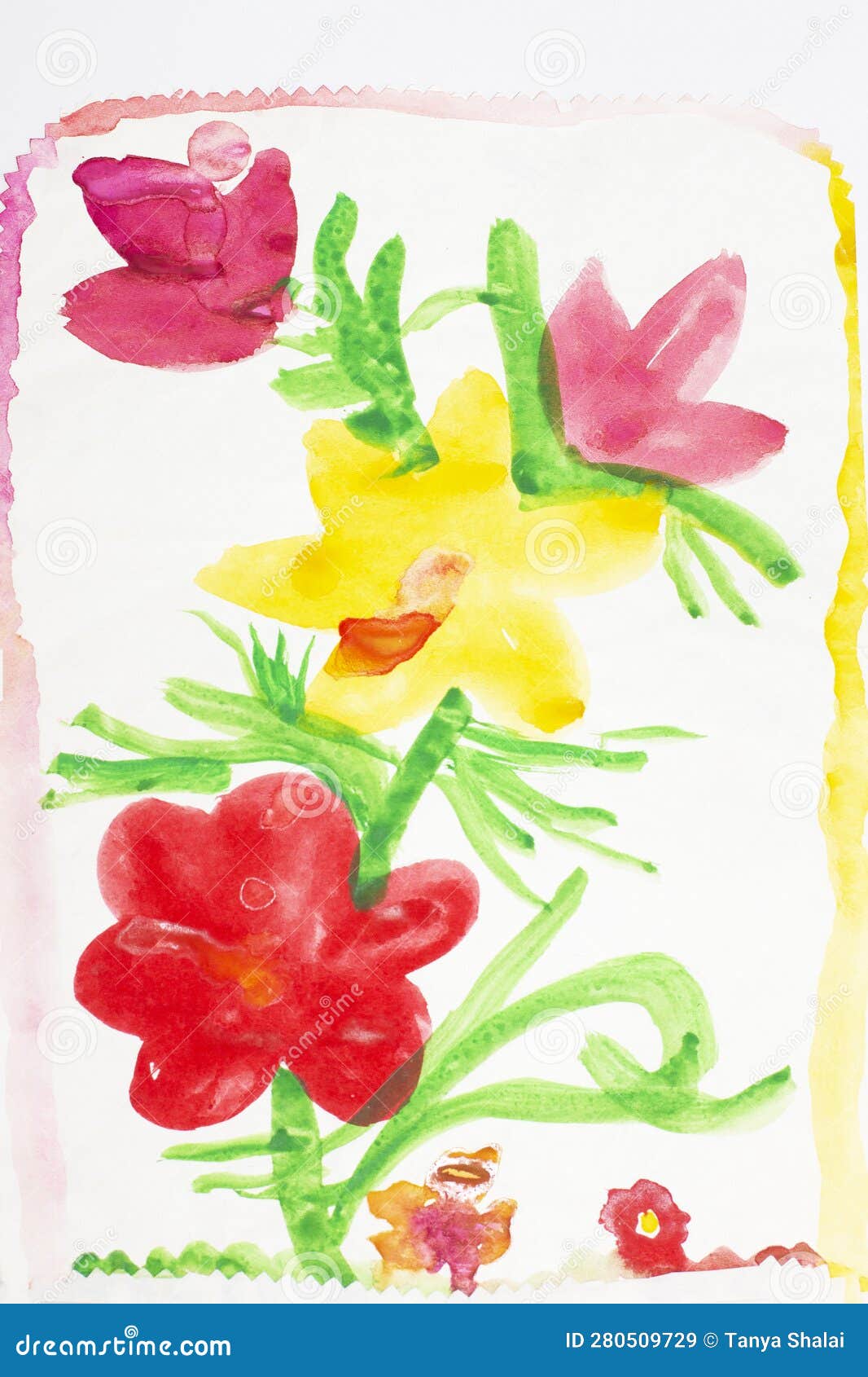 bouquet of bright flowers. real drawing of a small child. drawing by watercolor.