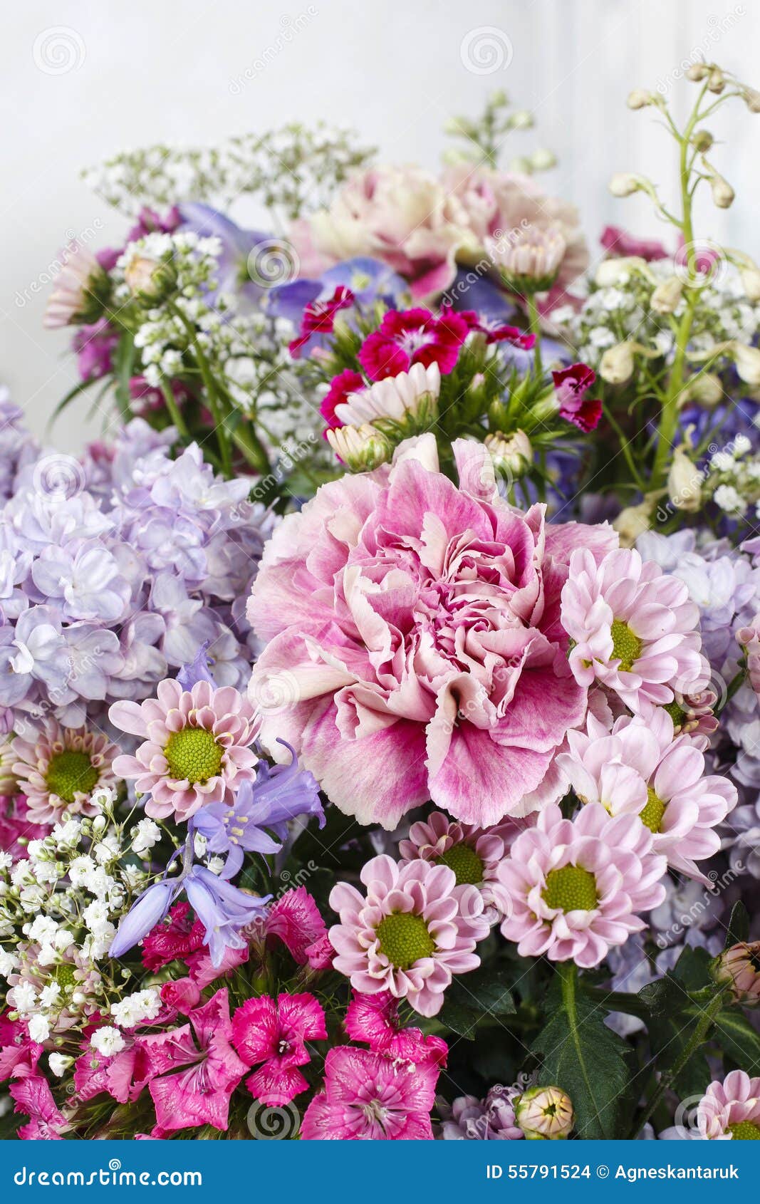 Bouquet of Carnations, Lilacs and Chrysanthemums Stock Photo - Image of ...