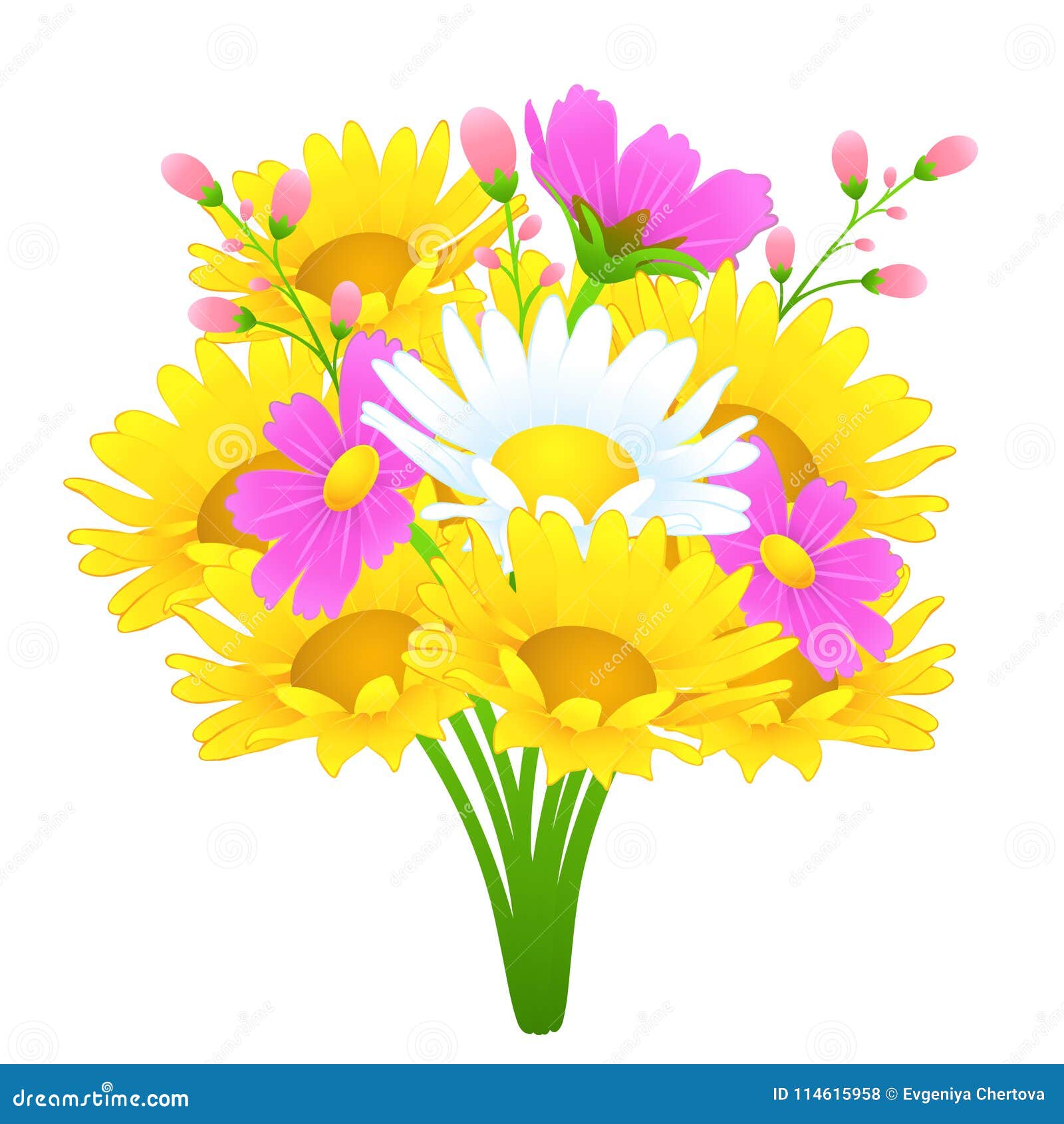 Bouquet of Colorful Flowers, Vector Drawing. Bright Meadow Buds Yellow ...