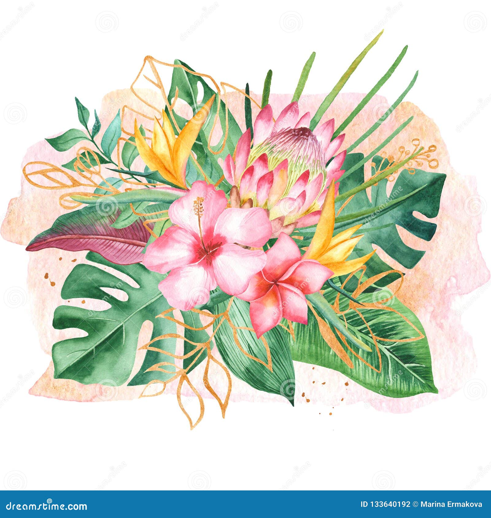 Bouquet D'aquarelle Avec Les Feuilles Et Les Fleurs Tropicales, Taches D' aquarelle Illustration Stock - Illustration du ketmie, jardin: 133640192