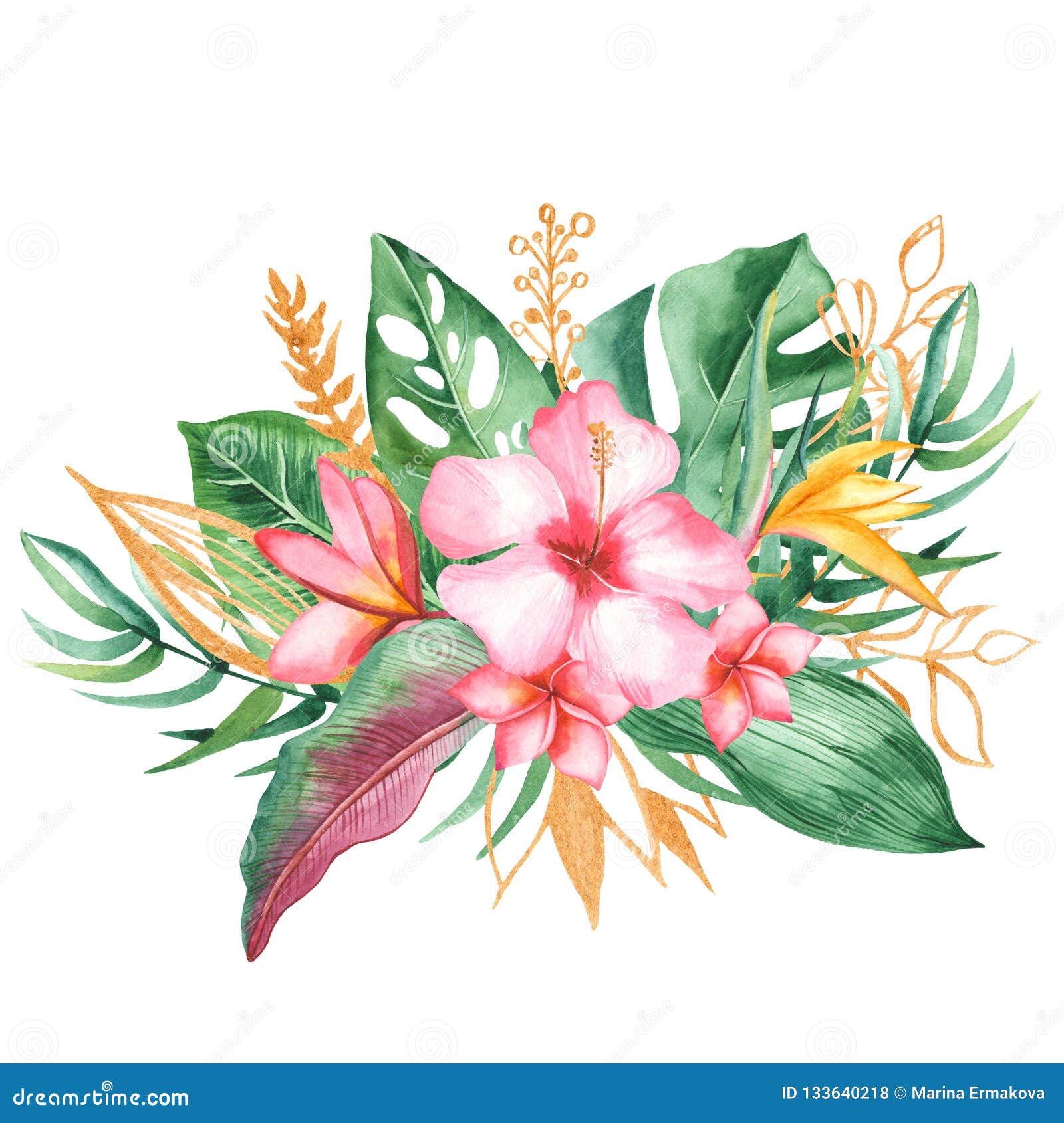 Bouquet D'aquarelle Avec Les Feuilles Et Les Fleurs Tropicales, Taches D' aquarelle Illustration Stock - Illustration du jardin, feuillage: 133640218