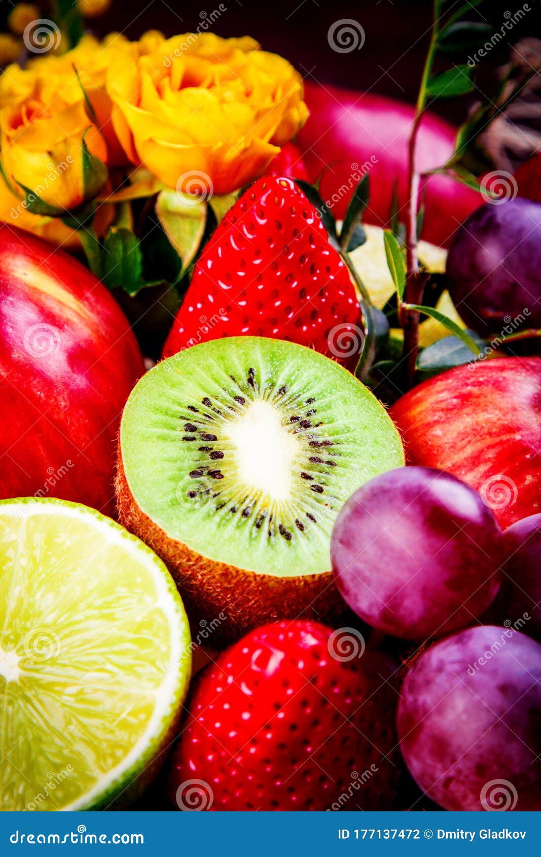 Bouquet of Different Fruit and Flower. Close Up Stock Photo Image of