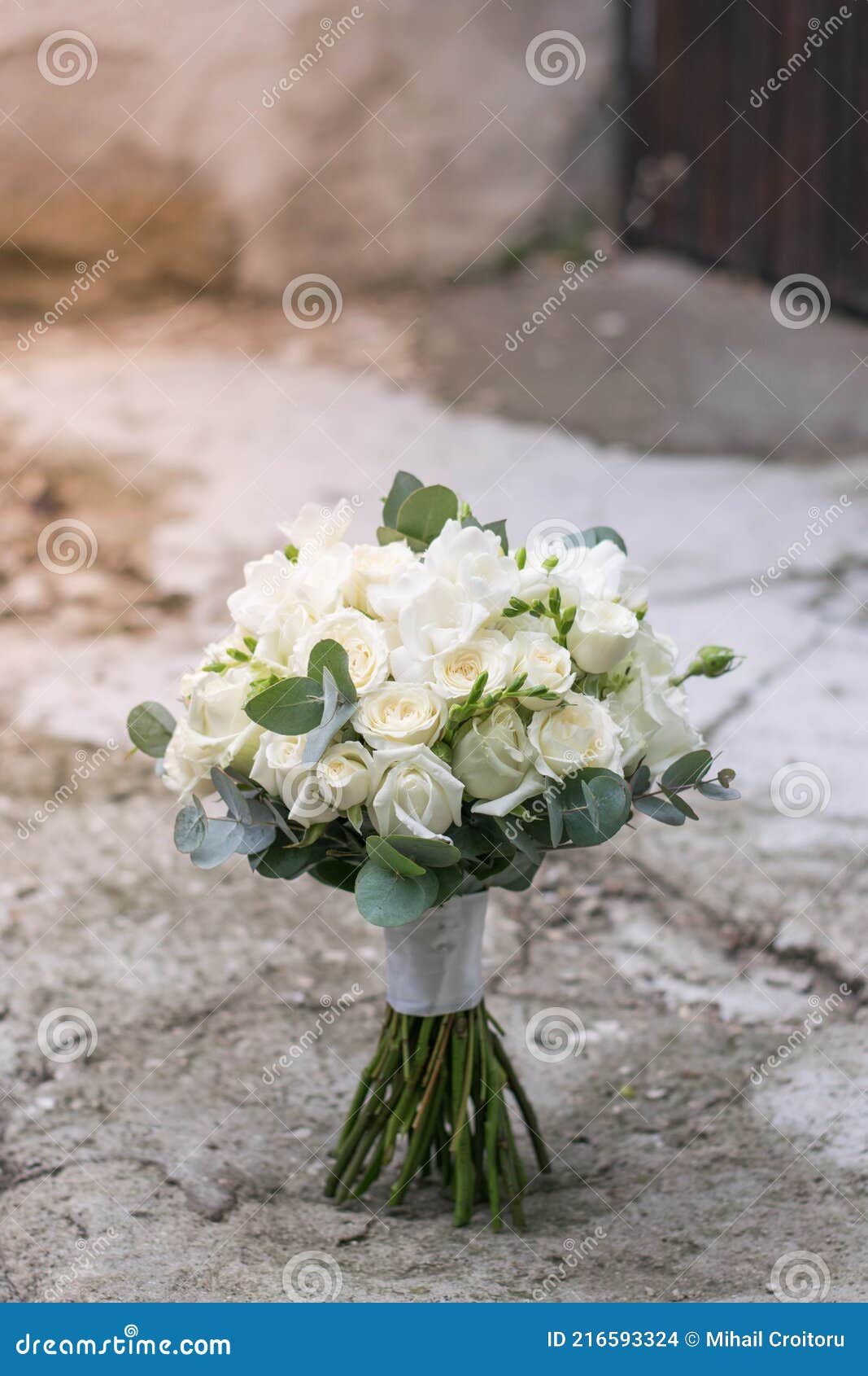 Bouquet Do Casamento Branco Moderno Composto Por Rosas Freesia Lisianthus E  Eucaliphus. Foto de Stock - Imagem de grupo, acoplamento: 216593324