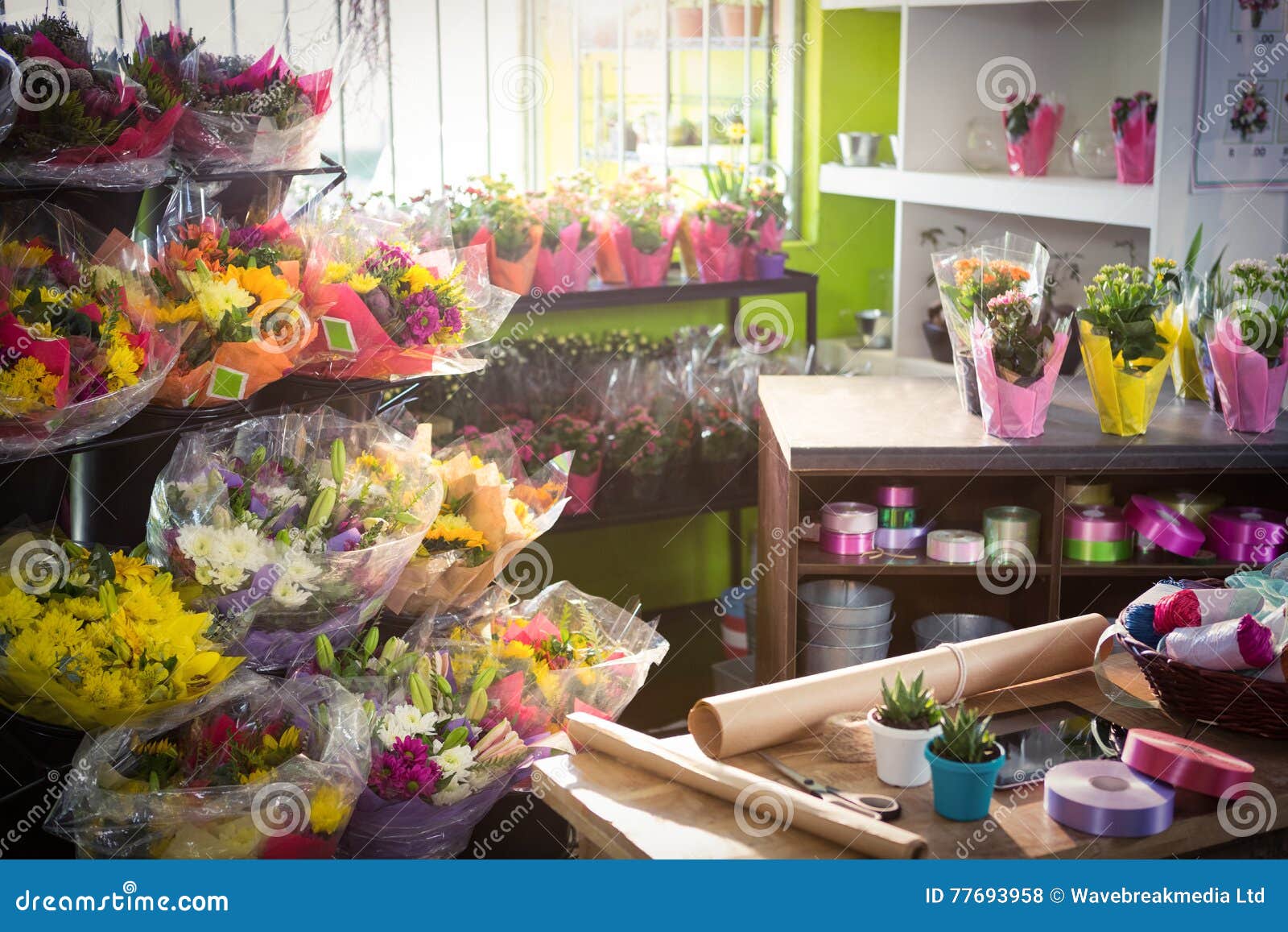 Bouquet of Flower and Gift Wrapping Items Stock Photo Image of shelf