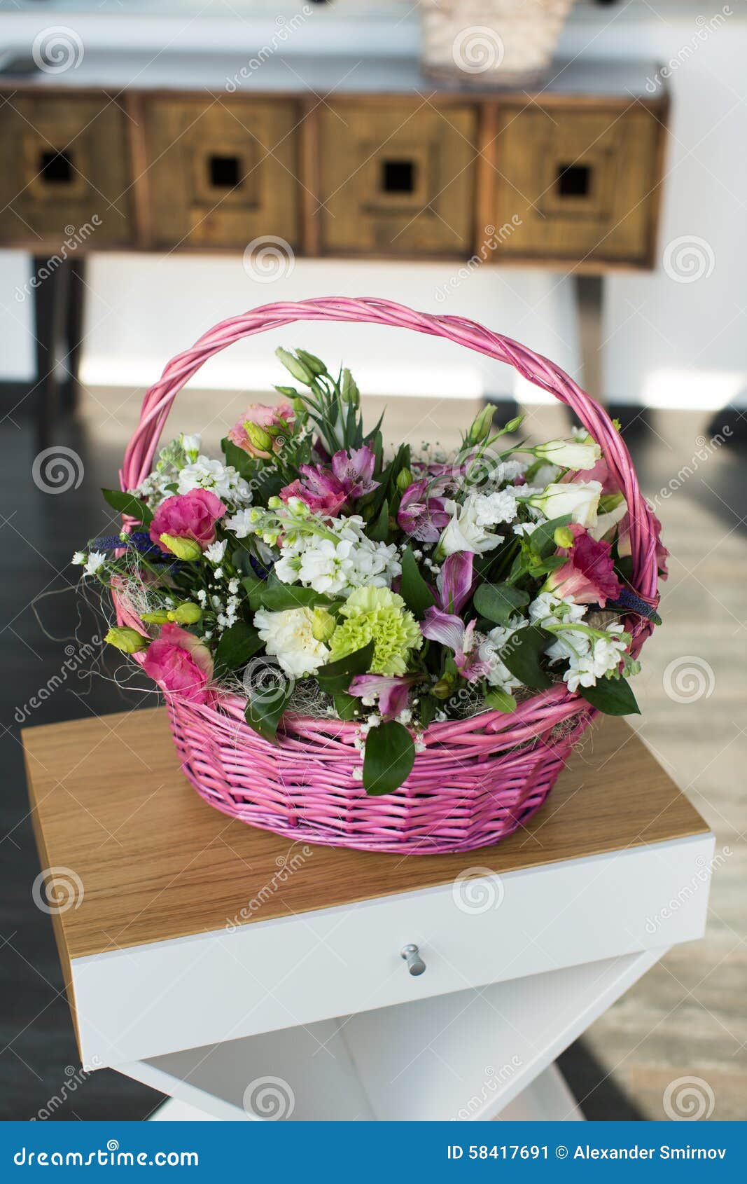 Bouquet of flowers basket stock image. Image of brown 58417691