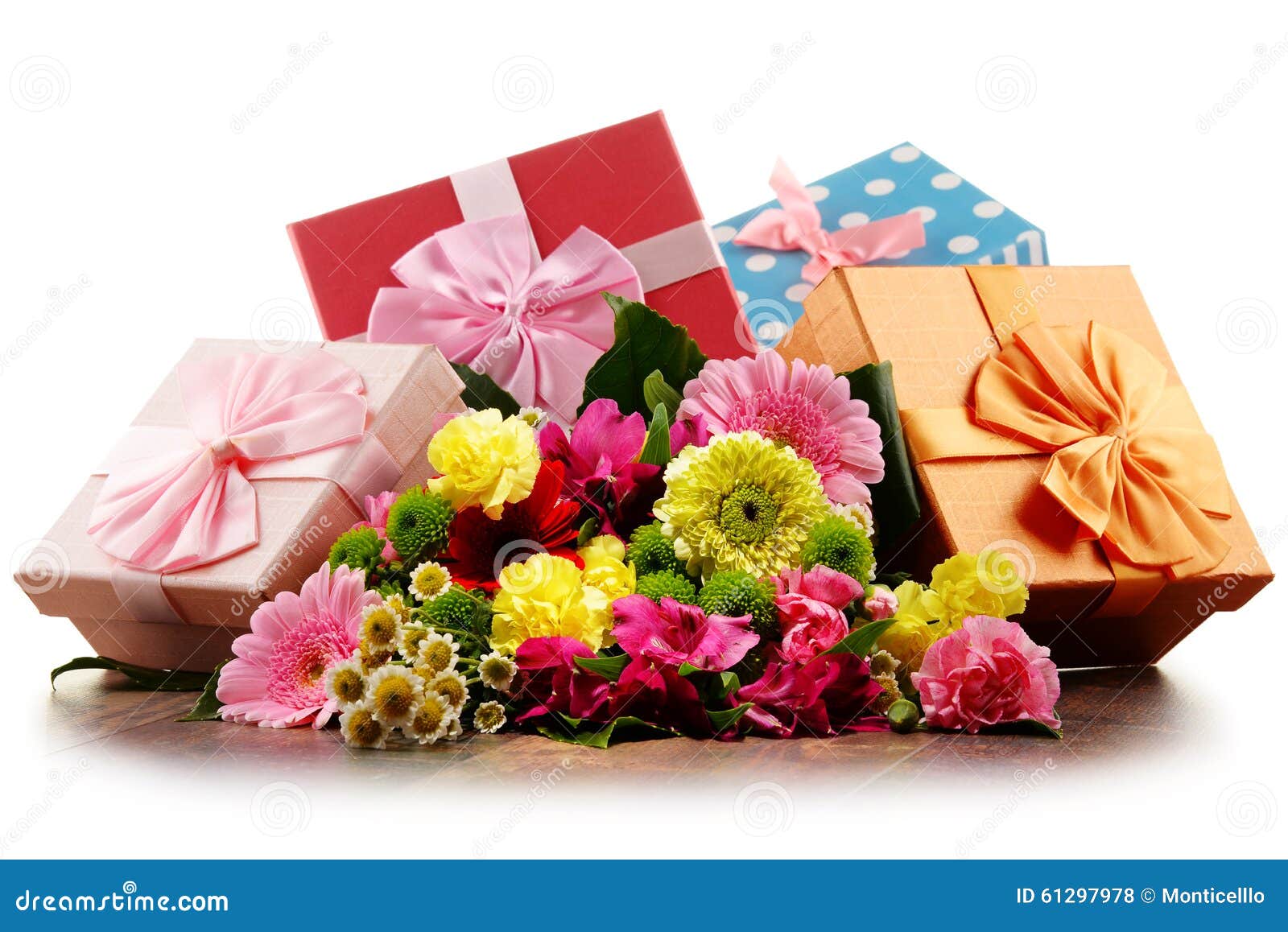 Bouquet of Flowers and Gift Boxes on White Stock Photo Image of bloom