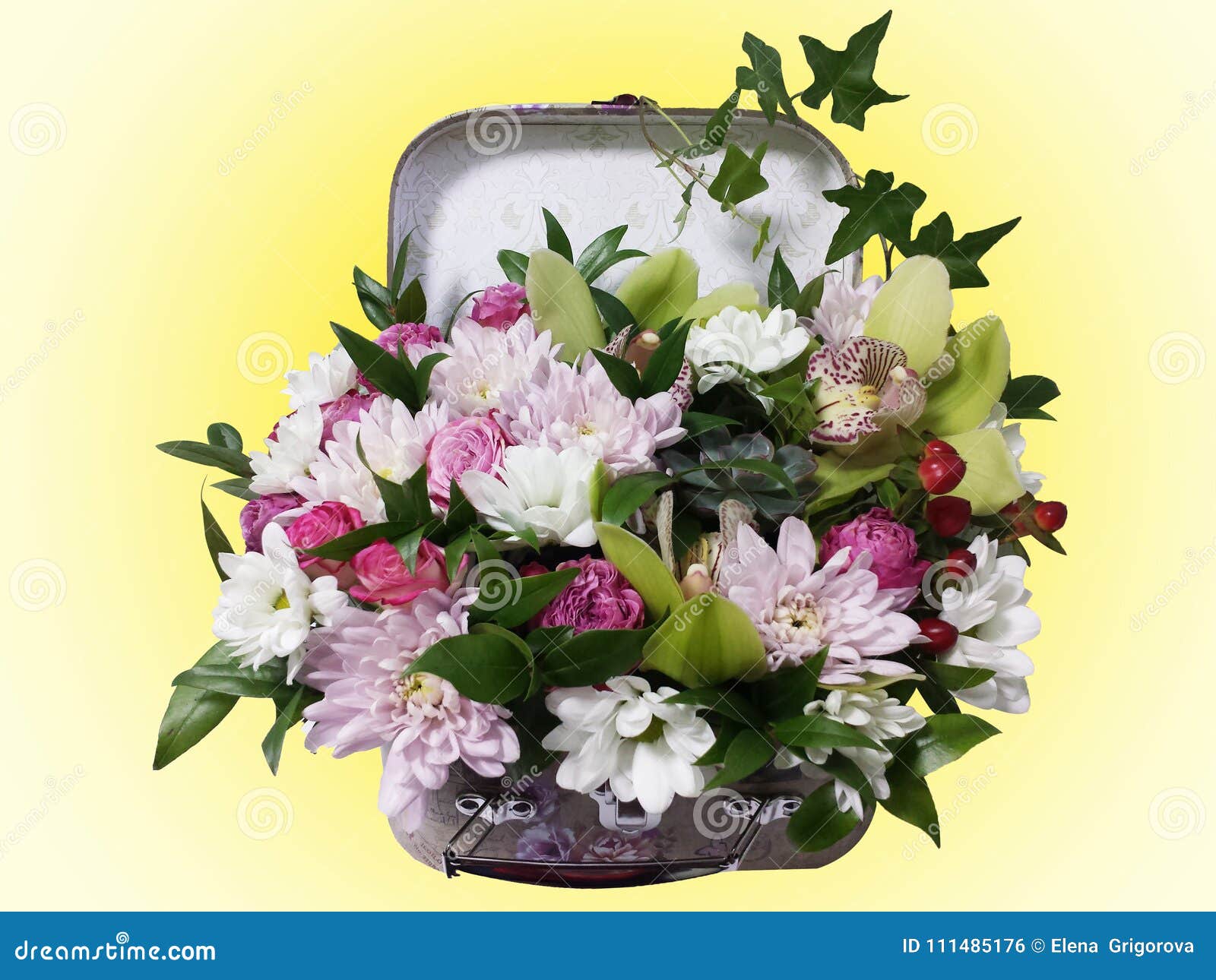 Bouquet of Flowers in a Suitcase. Arrangement of Flowers from Roses ...