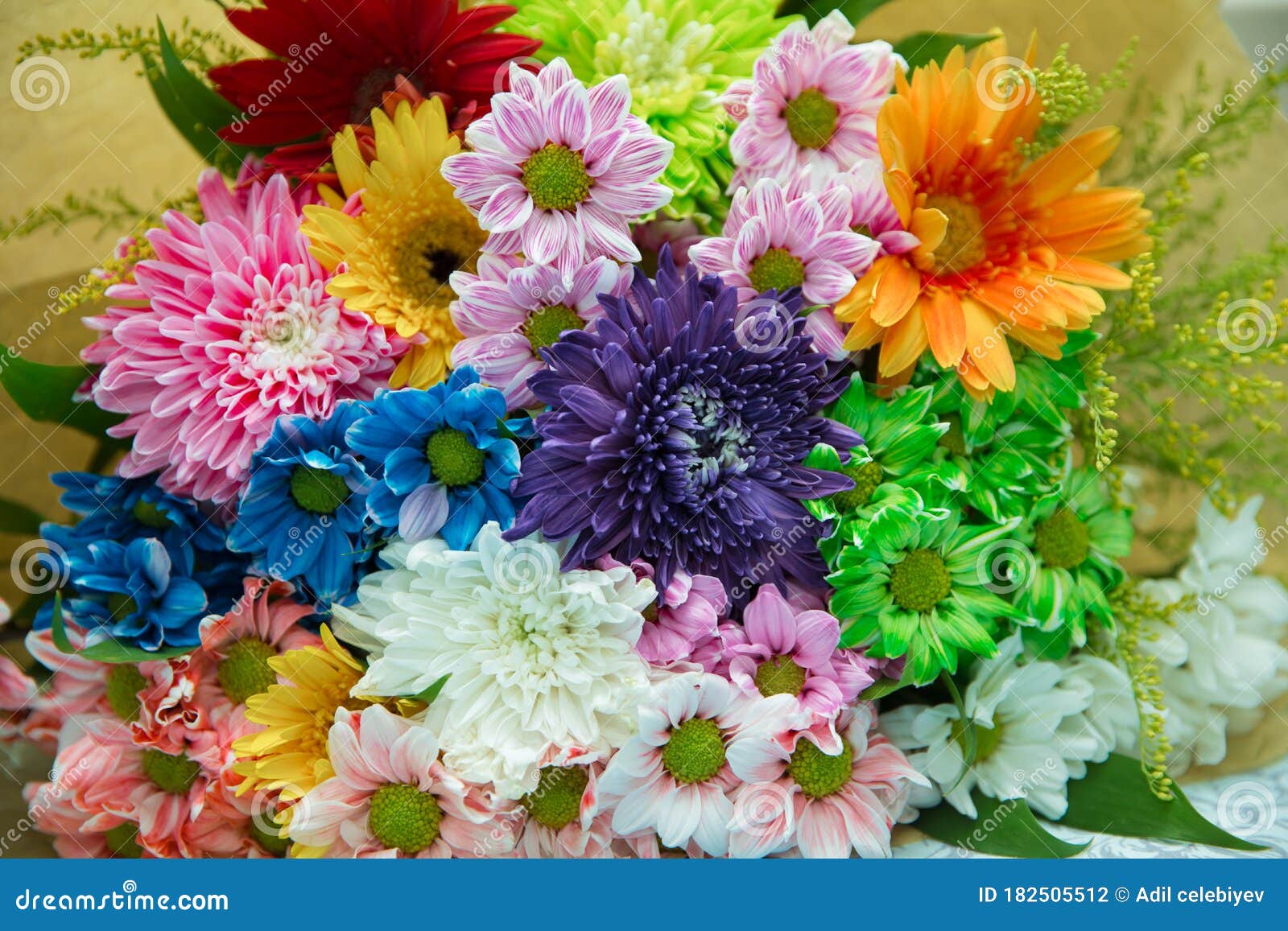 A Bouquet of Flowers on the Table.Rainbow Daisies. Chrysanthemum ...