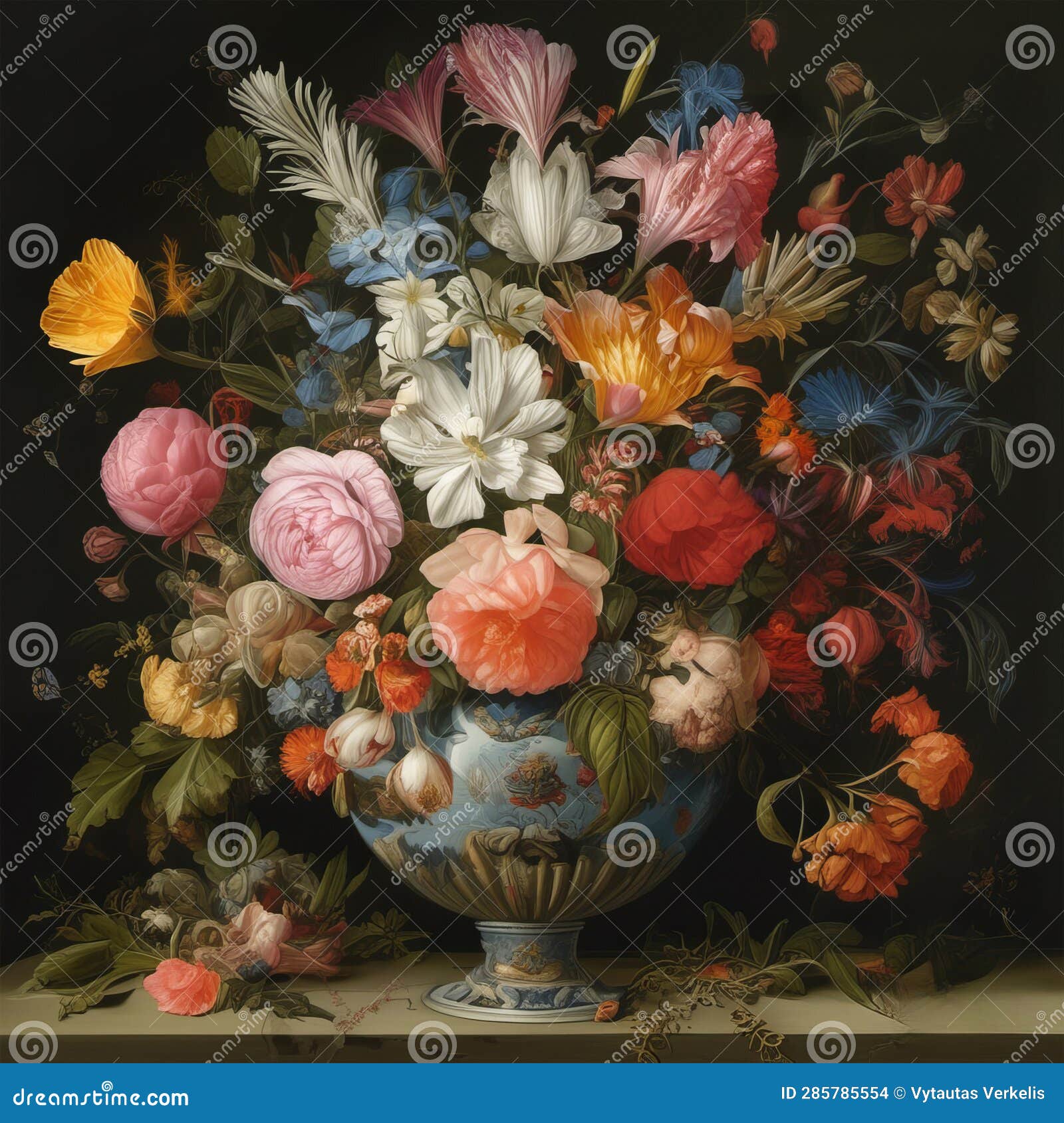 Bouquet of Flowers in a Vase on the Table Painting Stock Photo Image