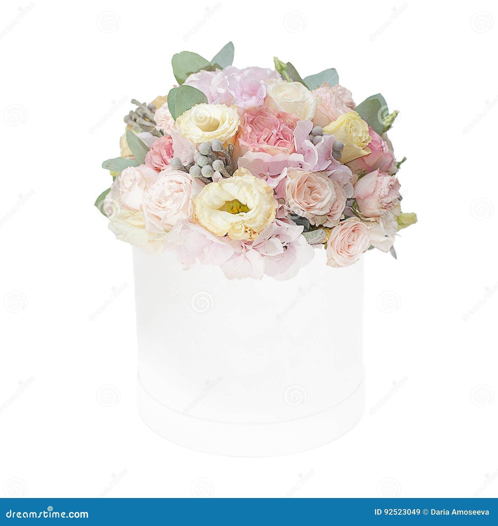 Bouquet of Gentle Flowers in the Box Isolated on White Background Stock