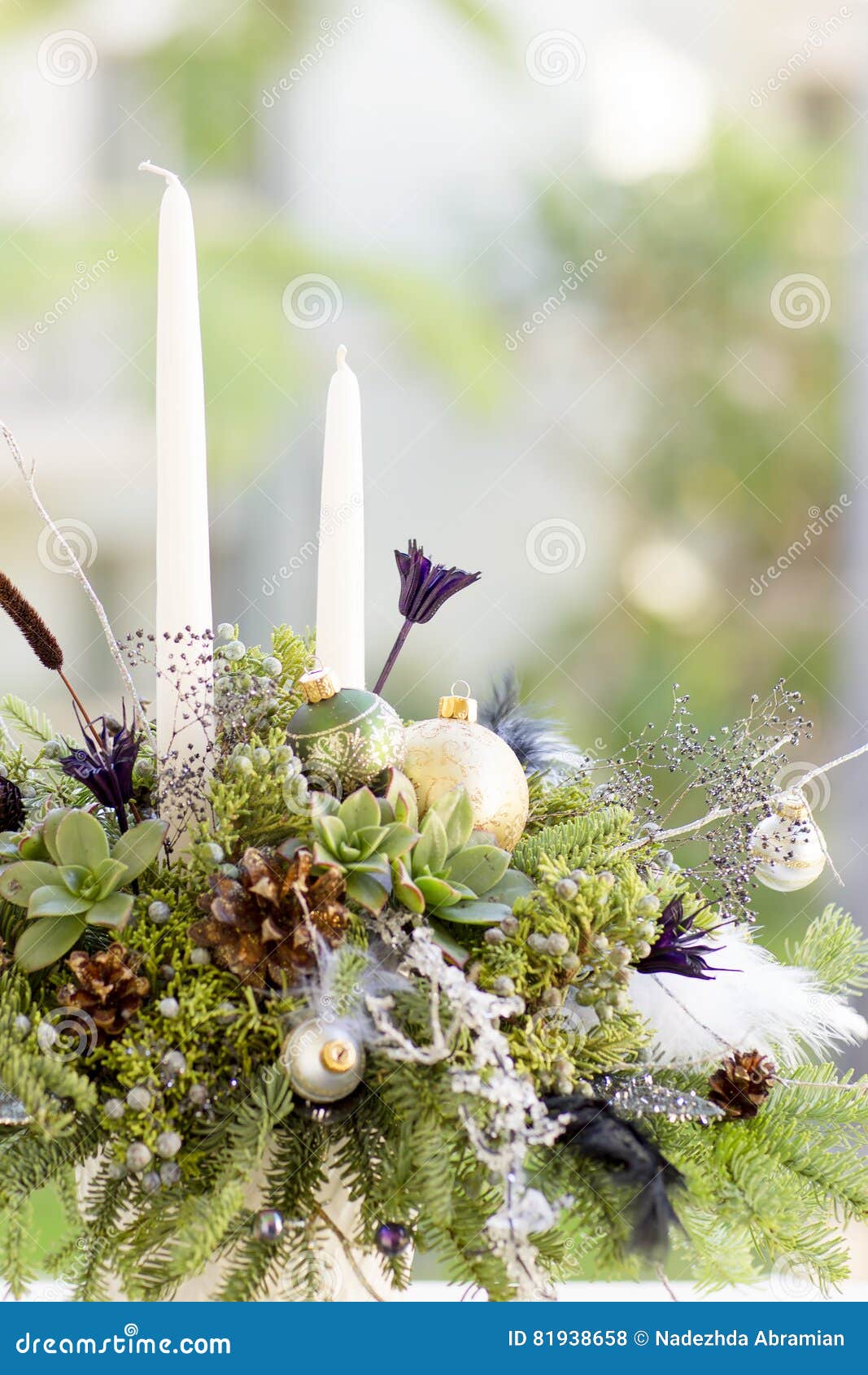 Bouquet Has Christmas Tree Branches and Artificial Flowers. Stock Photo