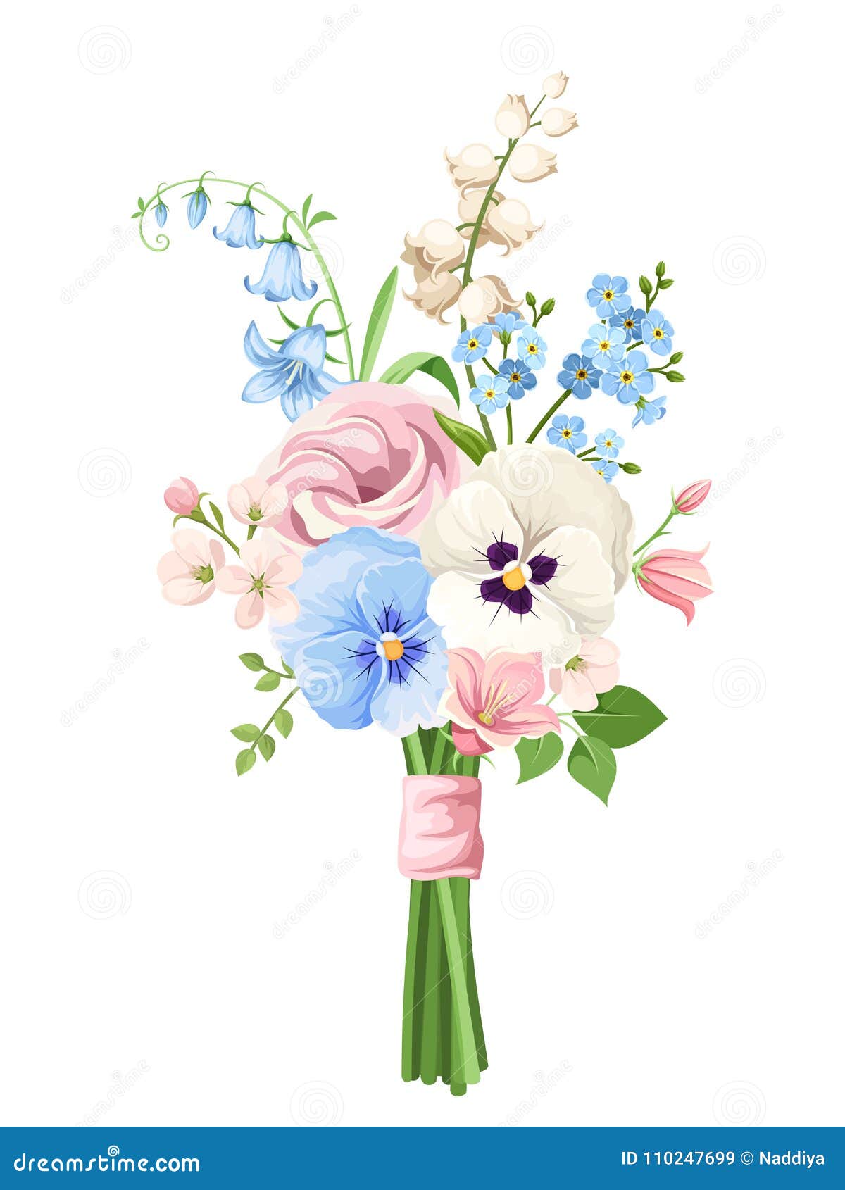 bouquet of pink, blue and white flowers.  .
