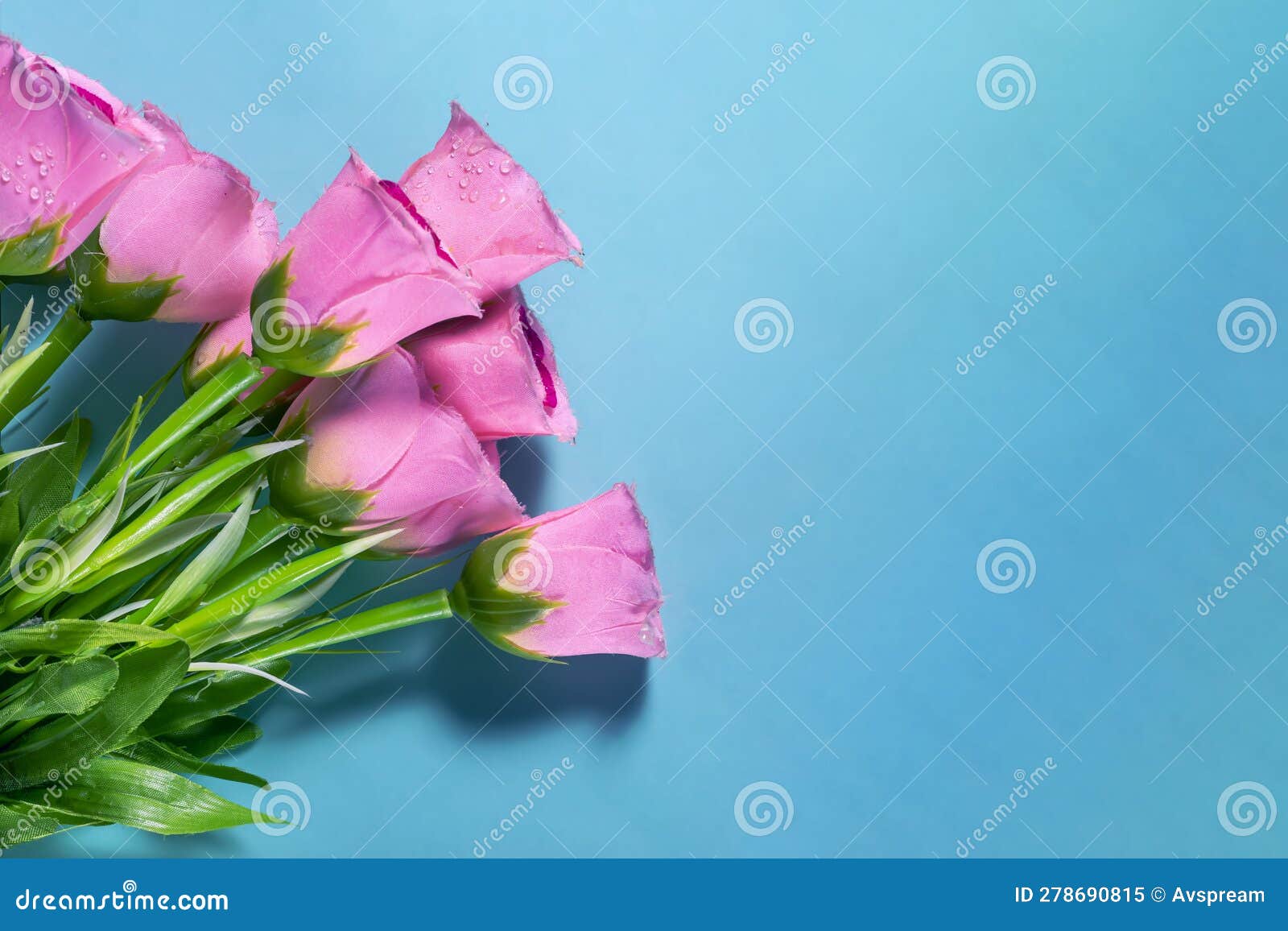 Bouquet of Pink Flowers on Blue Background with Copy Space Stock Image