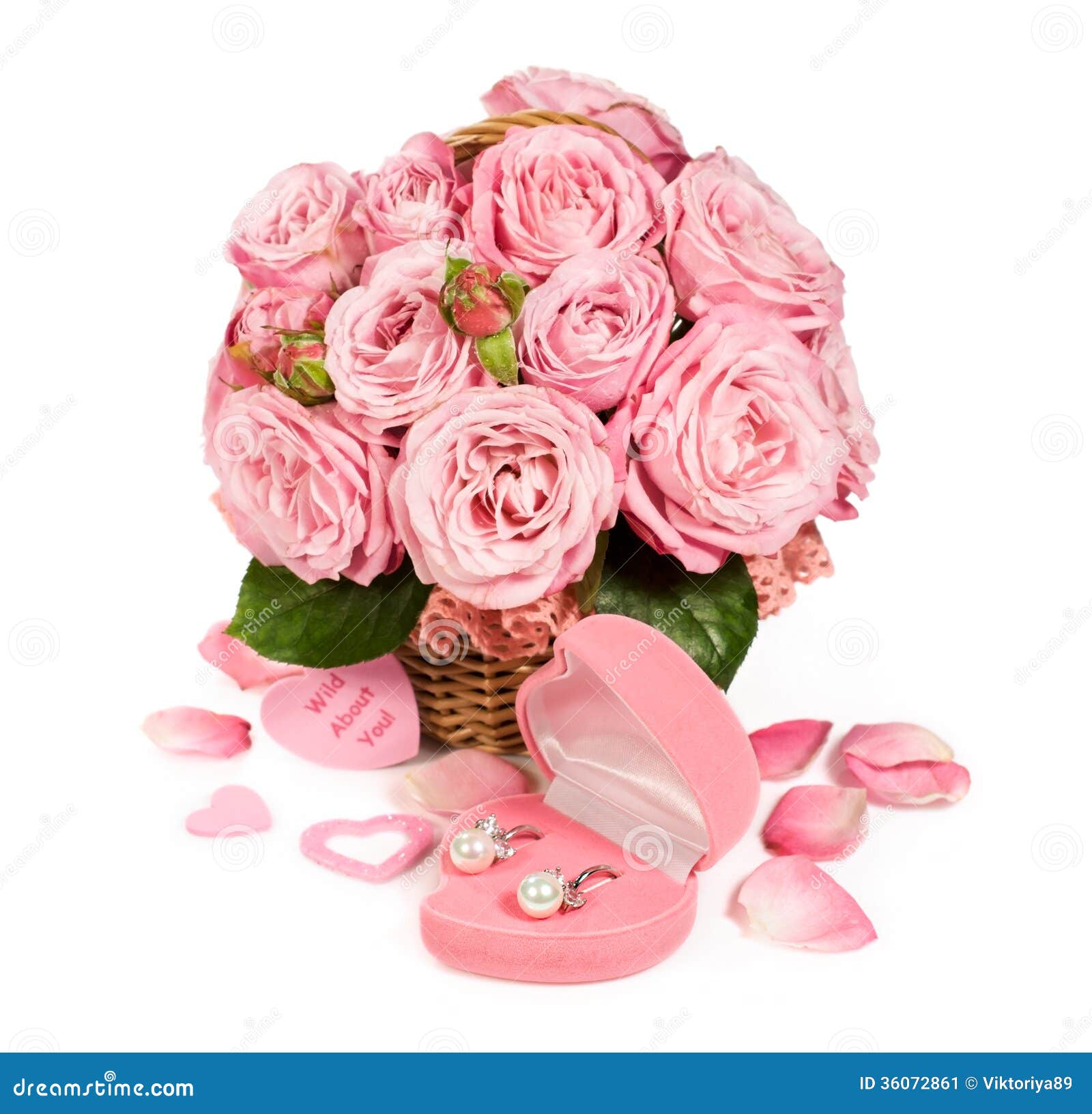 Bouquet of Pink Roses in a Basket with a Gift Stock Image Image of