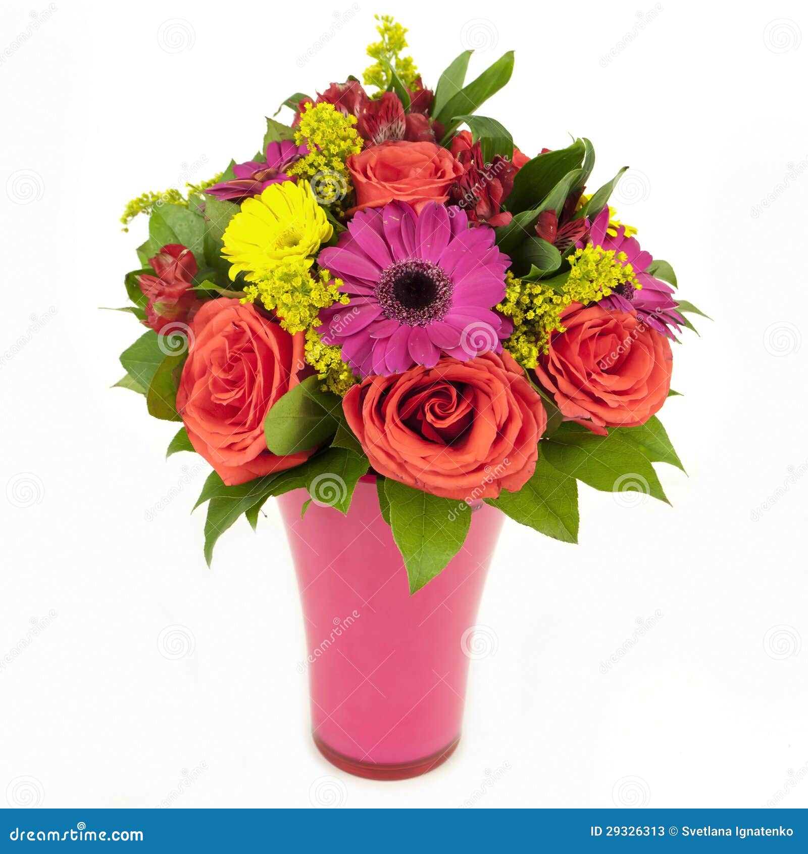 bouquet of pink and yellow flowers in vase  on white