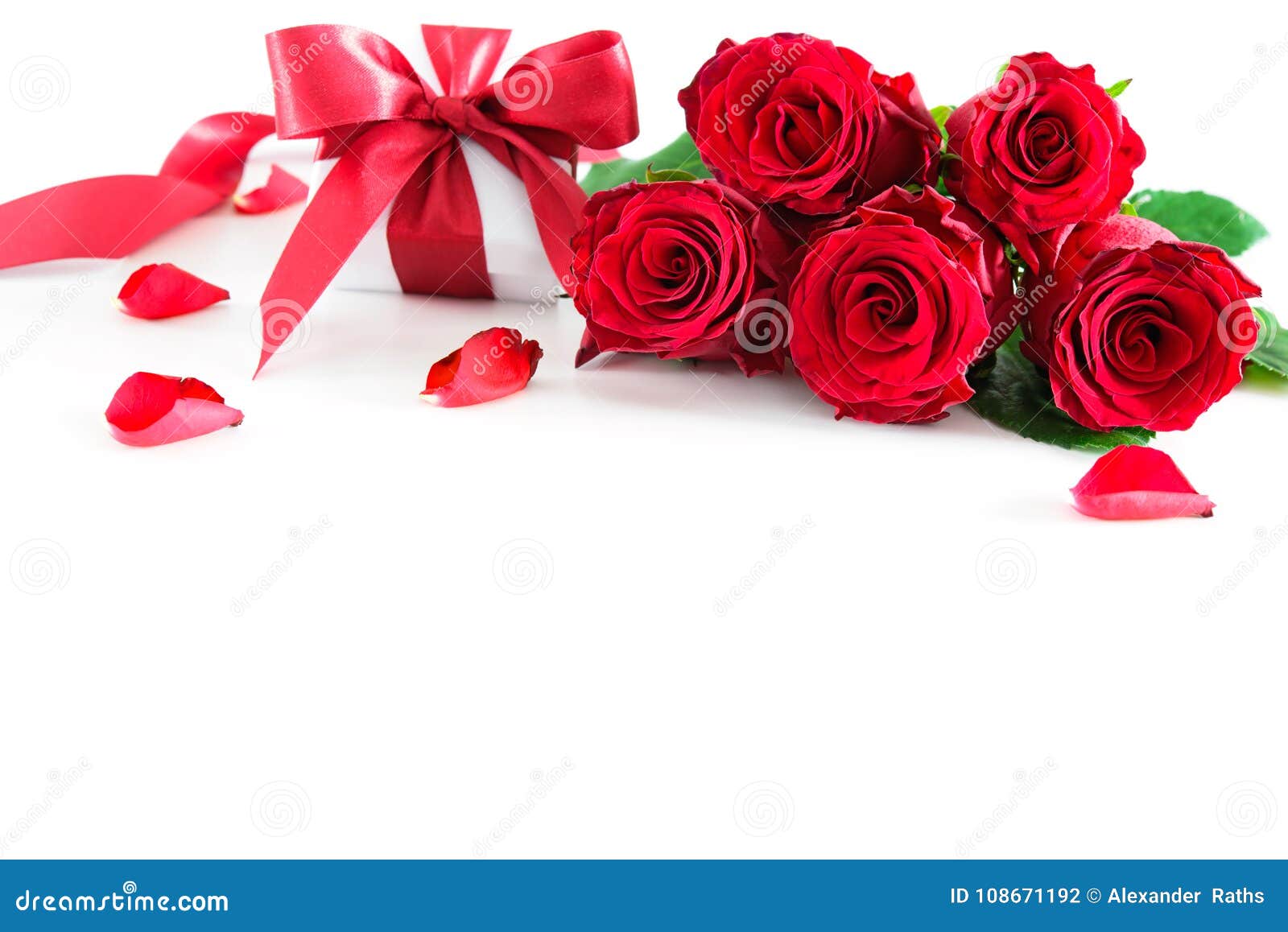 Bouquet of Red Roses and Gift Box Isolated on White Stock Photo ...
