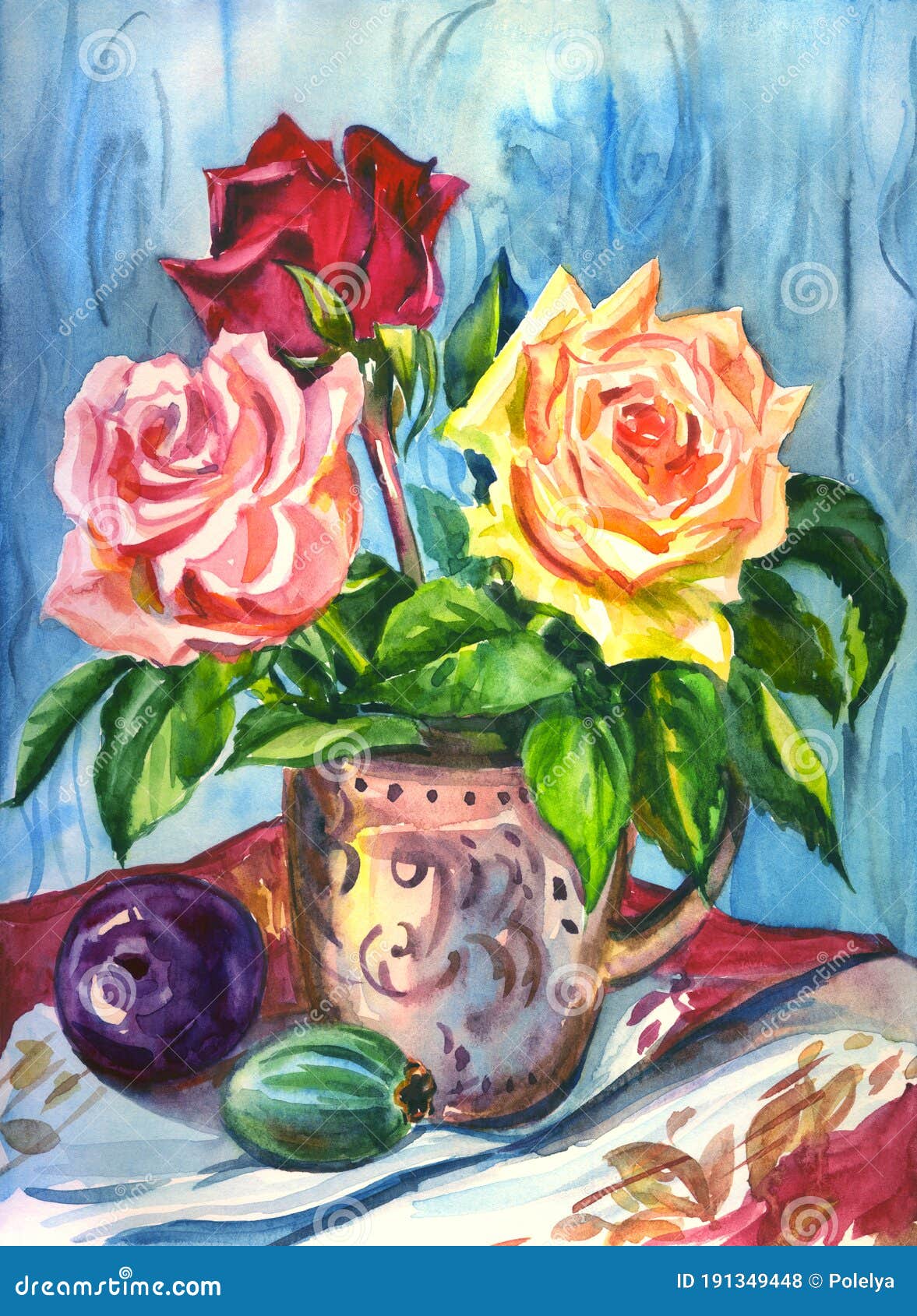 Download Bouquet Of Roses, Plum And Feijoa, Watercolor Stock Photo ...
