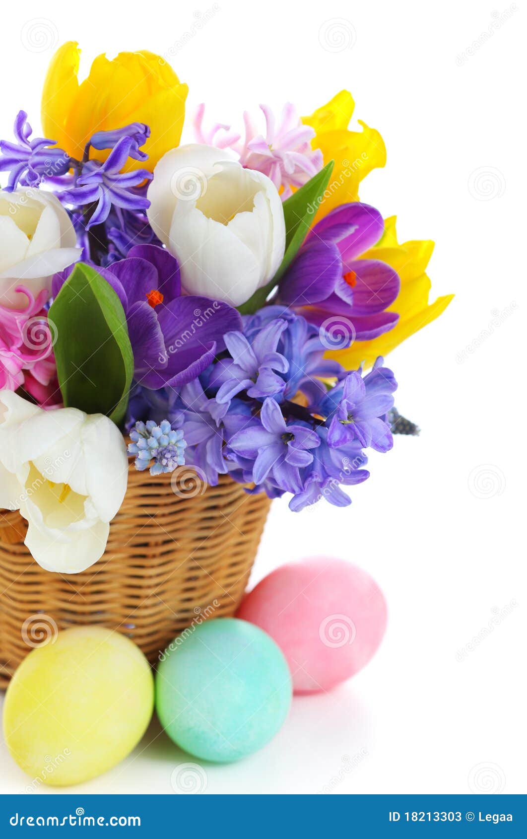 Bouquet of Spring Flowers in Basket with Eggs Stock Image Image of