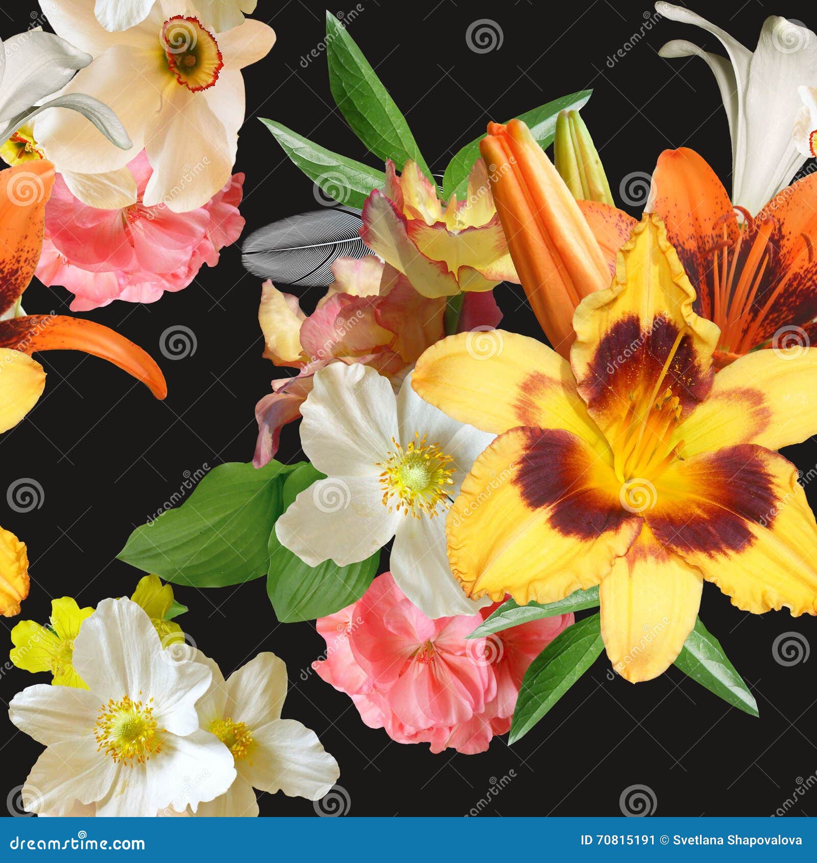 Bouquet of Spring Flowers on a Black Background Seamless Stock