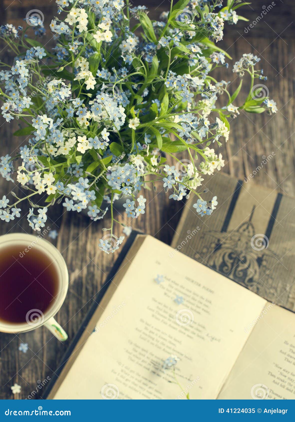 Bouquet Of Summer Blue Flowers, Cup Of Tea And Vintage ... Bouquet Of Summer Blue Flowers, Cup Of Tea And Vintage ...
