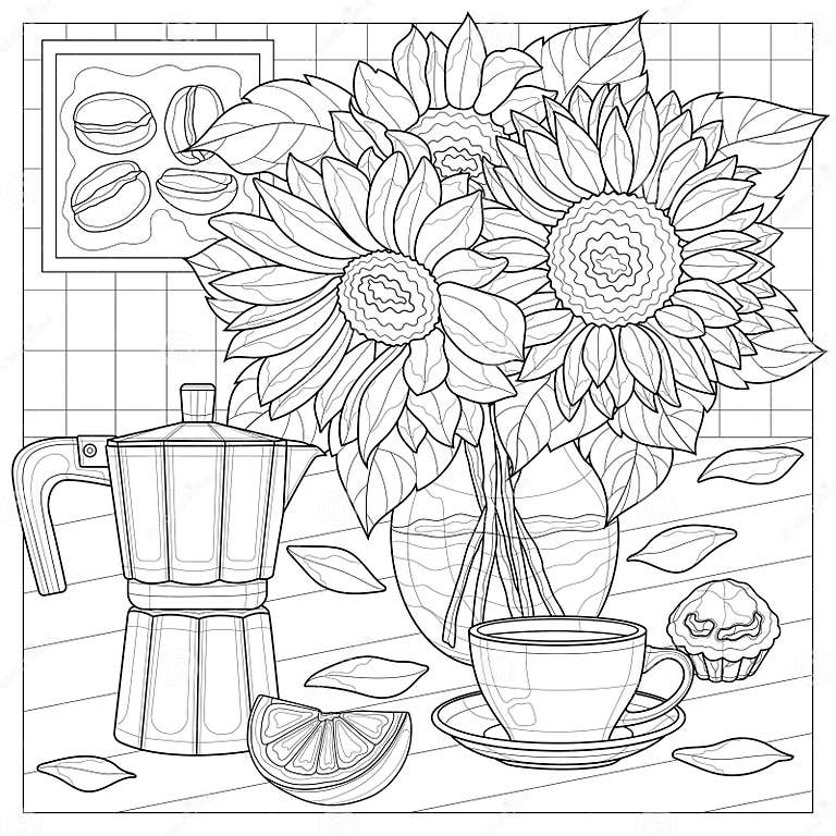 Bouquet of Sunflowers with a Coffee Maker and a Cup of Coffee.Coloring