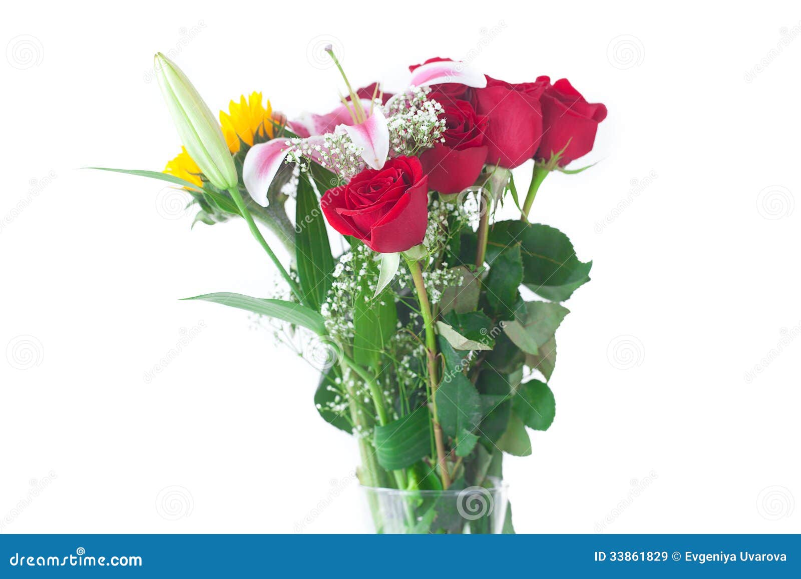 Bouquet Of Sunflowers, Lily And Roses In A Vase Royalty Free Stock ...