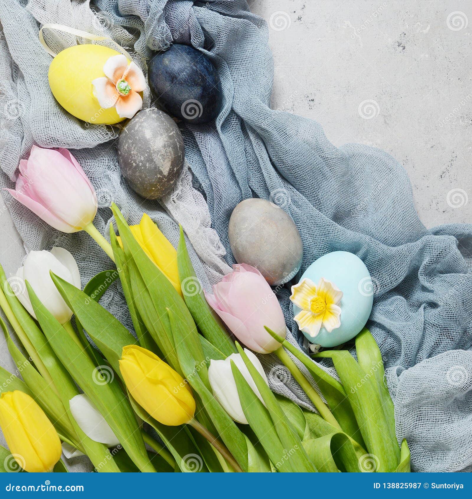 Bouquet of Tulips with Easter Vintage Eggs on a Light Gray Background ...