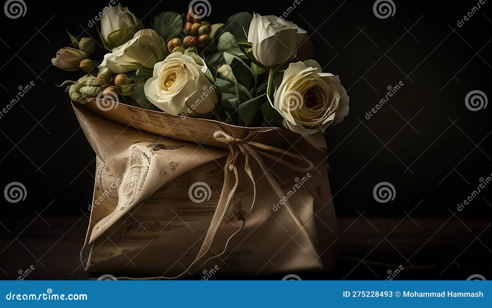 Bouquet of White Roses Wrapped in a Paper Bag, Made with