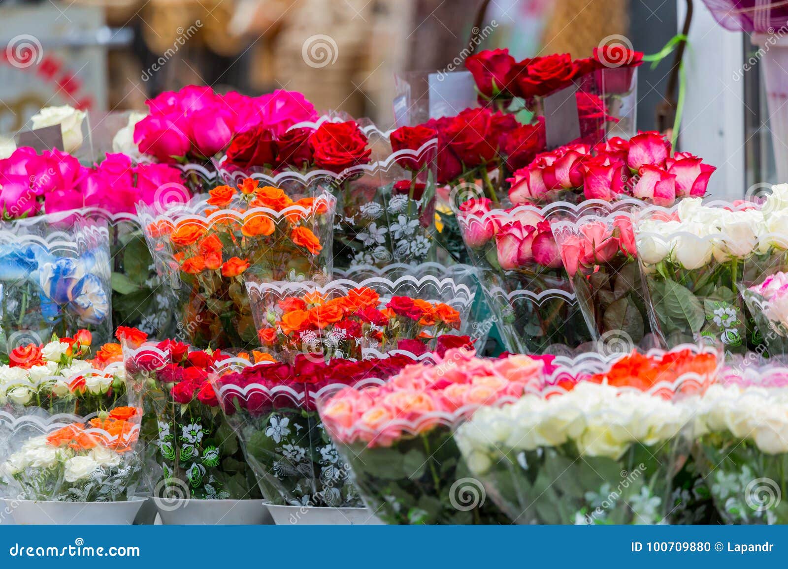 Bouquets Roses for Sale at Florist`s Shop on Street Flower Market