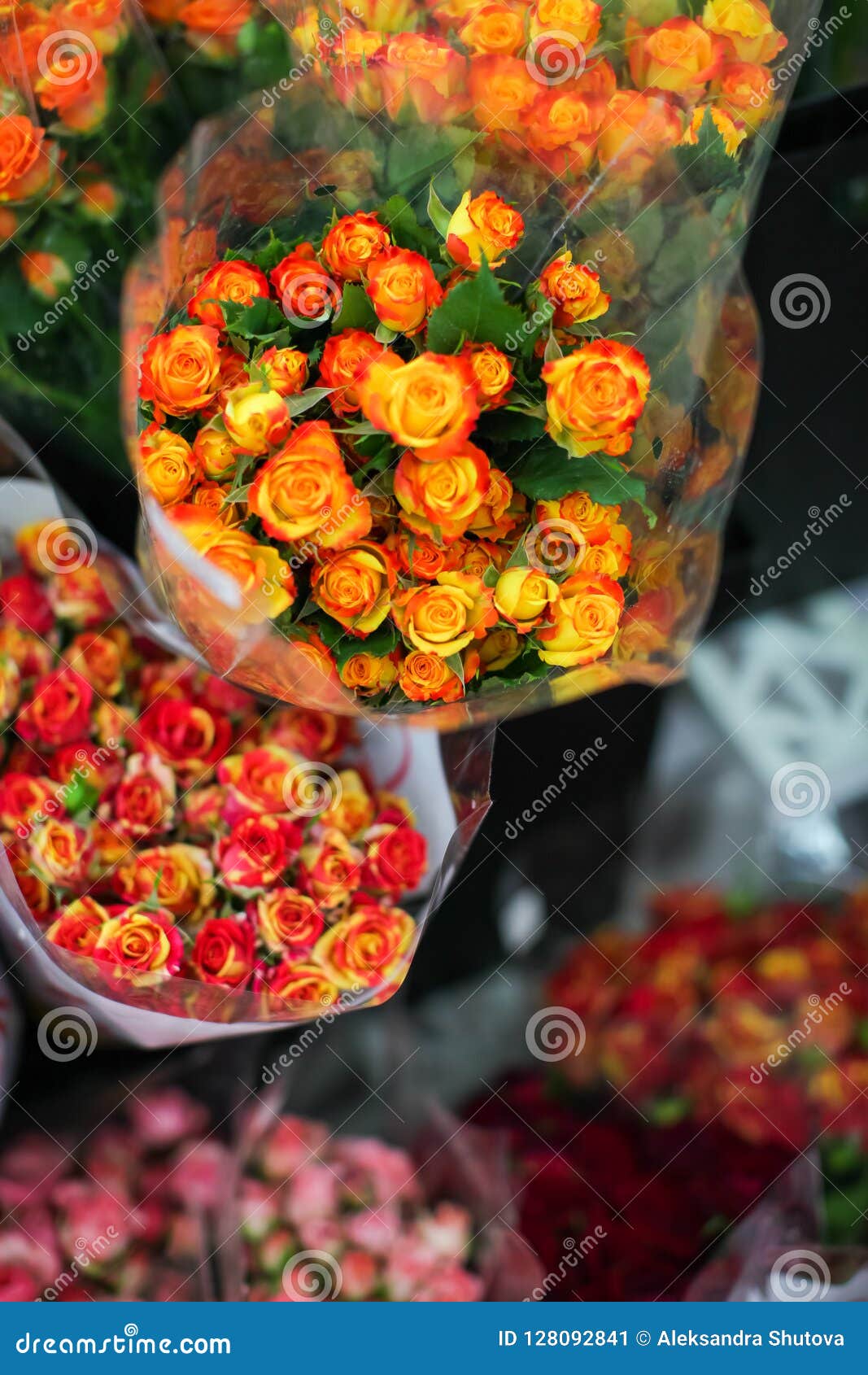 Bouquets Roses for Sale at Florist`s Shop on Street Flower Market