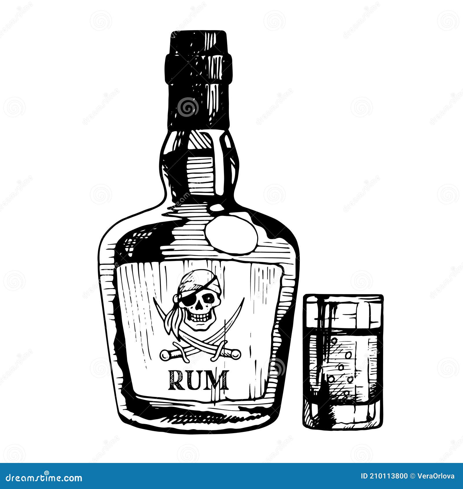 Bouteille De Rhum Avec Pirate Sur L'étiquette Et Verre. Dessin à