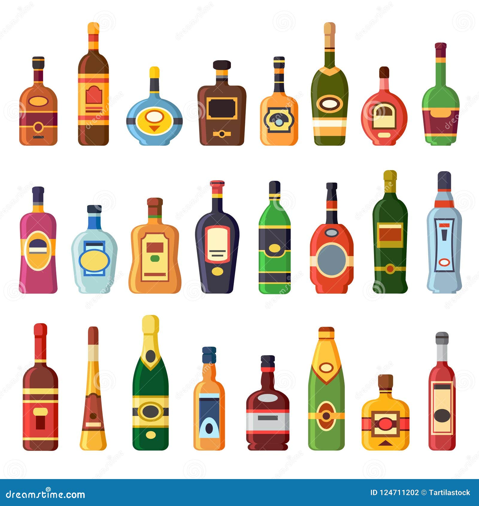 Bouteilles D'alcool Et Des Verres. Bouteille D'alcool Avec Cidre, Vermouth  En Verre Ou Liqueur Shot Et Verres à Vin Isolé