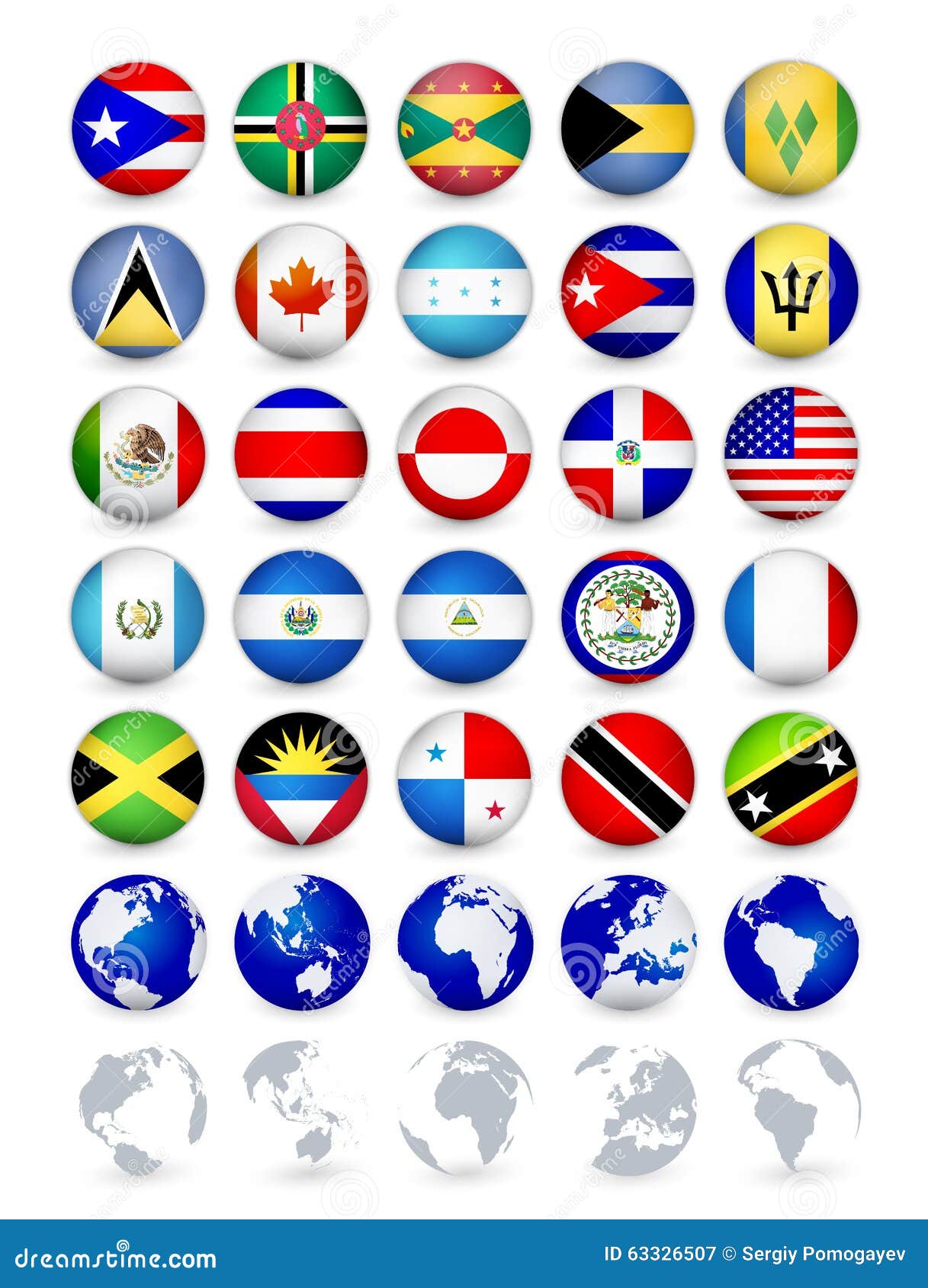 Boutons de Web de drapeaux de pays des Amériques avec des globes Drapeaux d'aimants d'insigne