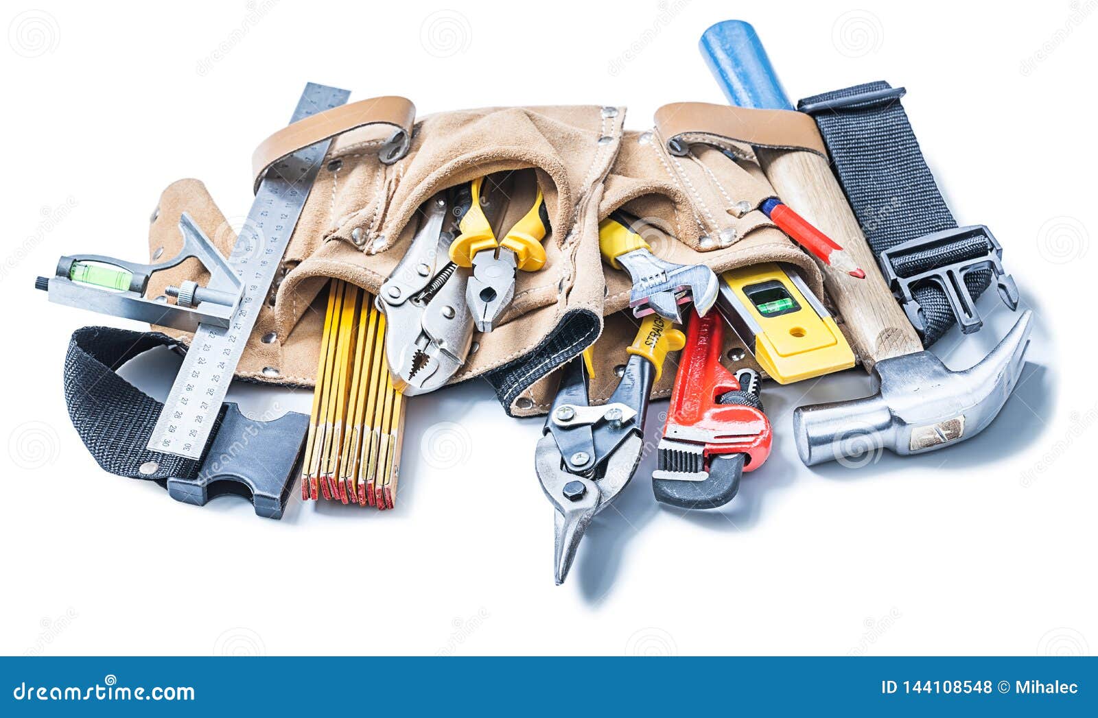 Bouwhulpmiddelen in Leer Toolbelt Op Wit Wordt Geïsoleerd Dat Stock