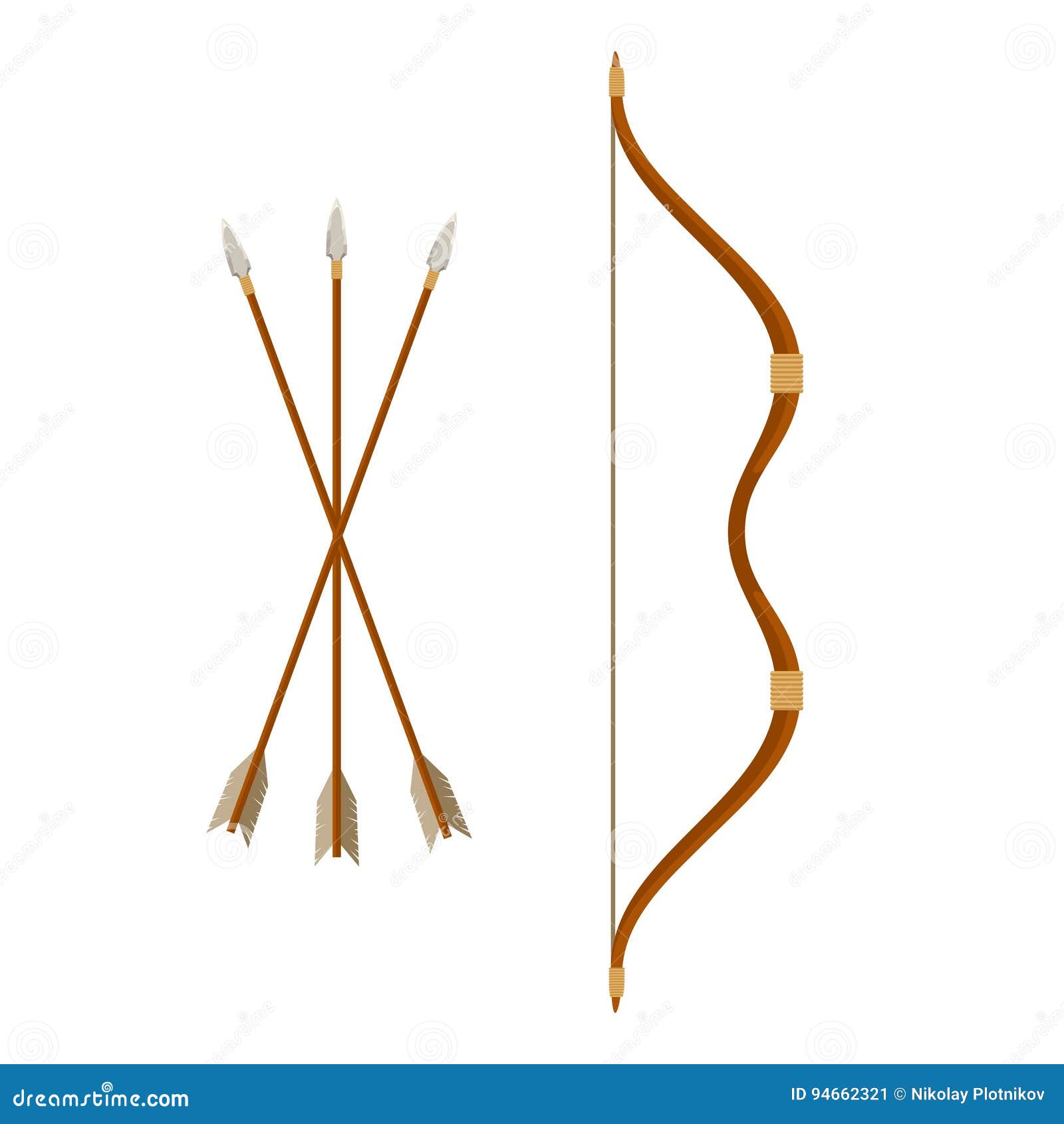 Bow And Arrows Isolated On White Background. Archery Or Hunter Tools