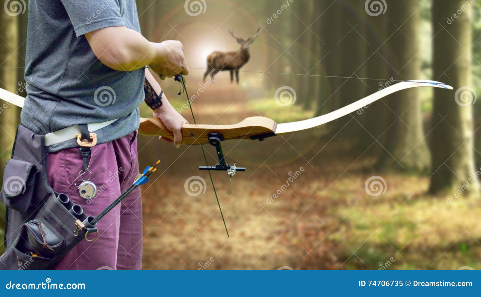A Bow Hunter Aiming at a White Tail Buck Against Stock Image Image of