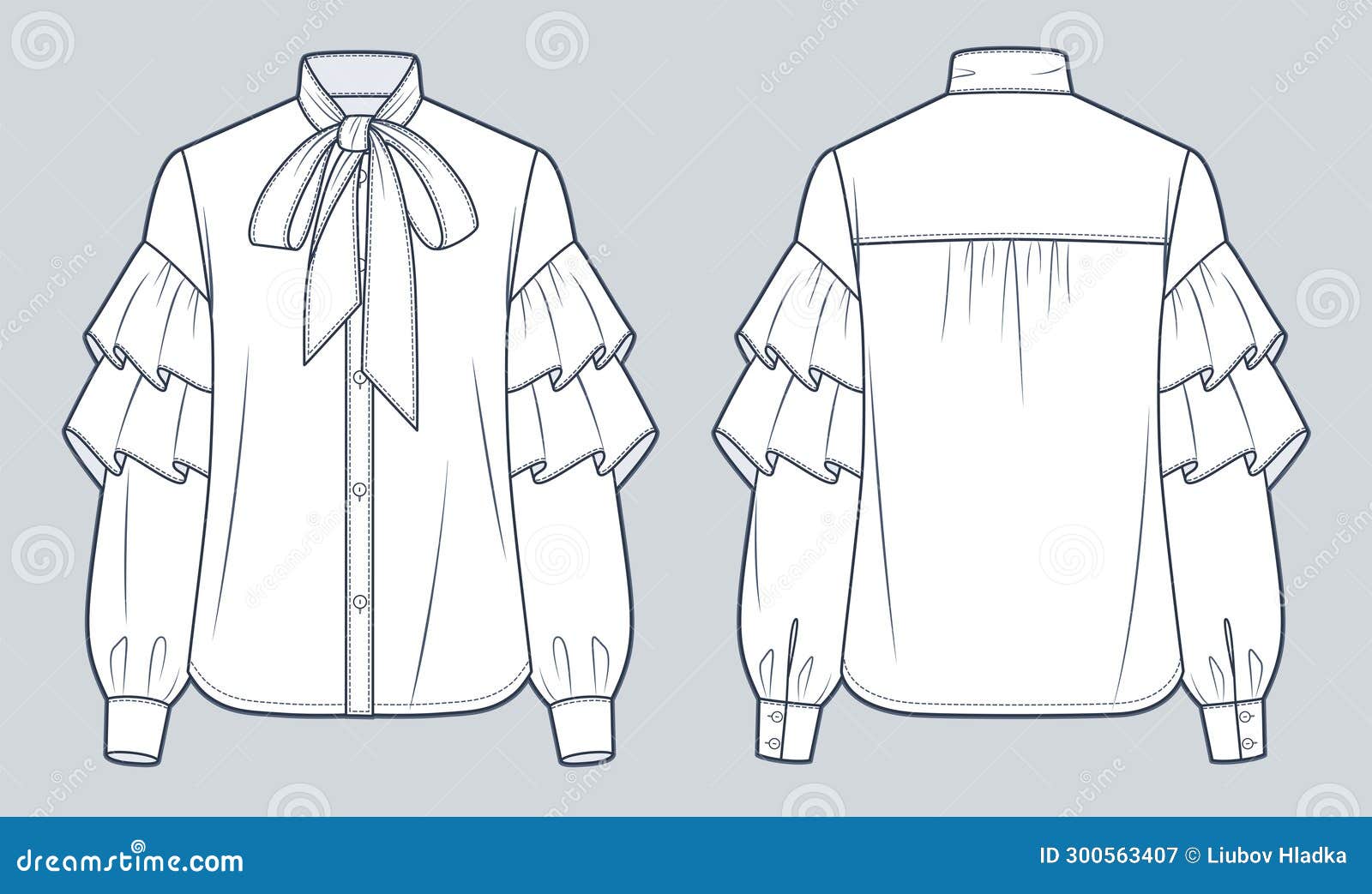 Bow Tie Neck Shirt Technical Fashion Illustration. Ruffled Blouse ...