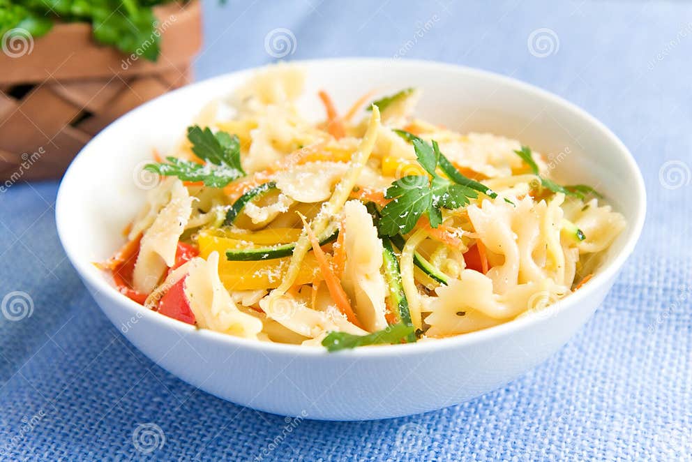 Bow tie pasta primavera stock photo. Image of zucchini 13094094