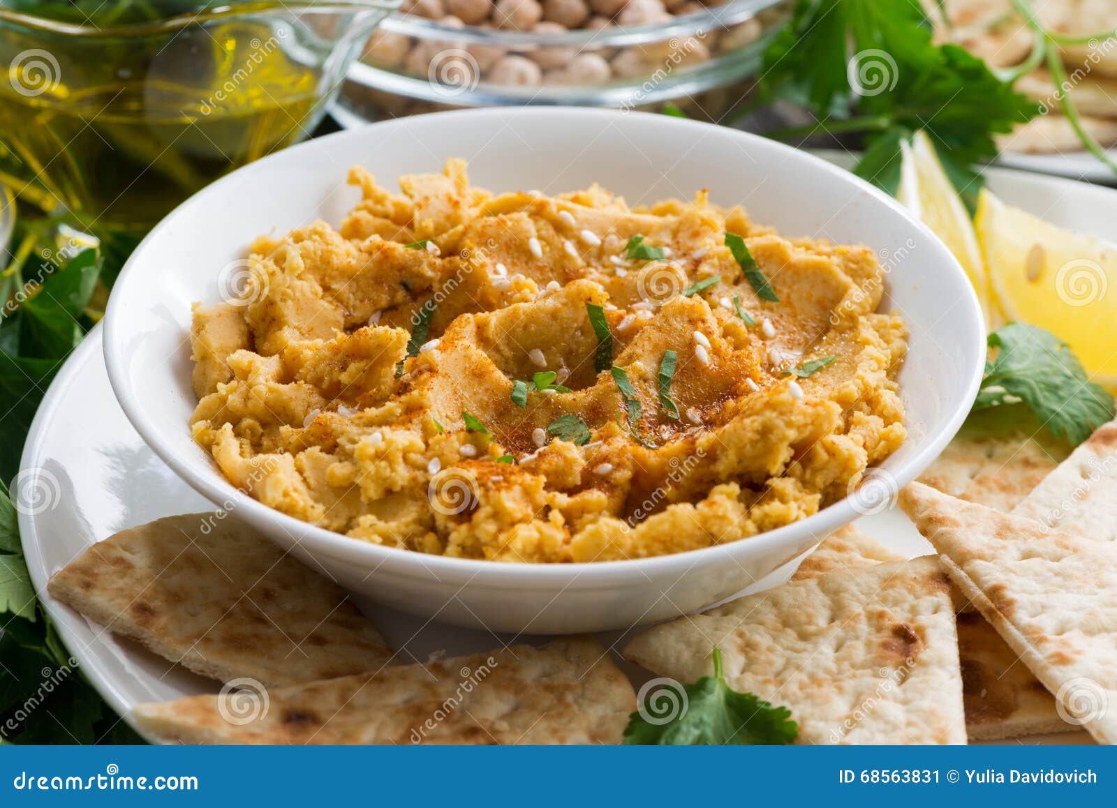 Bowl of Arabic Sauce Hummus with Flatbread Stock Image Image of