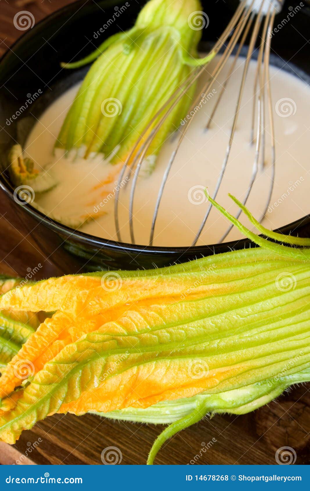 Bowl with Batter and Zucchini Flowers Stock Photo Image of food