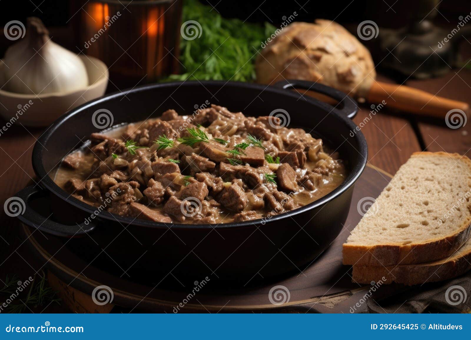 Bowl of Beef Stroganoff with a Thick Slice of Rye Bread Stock Image