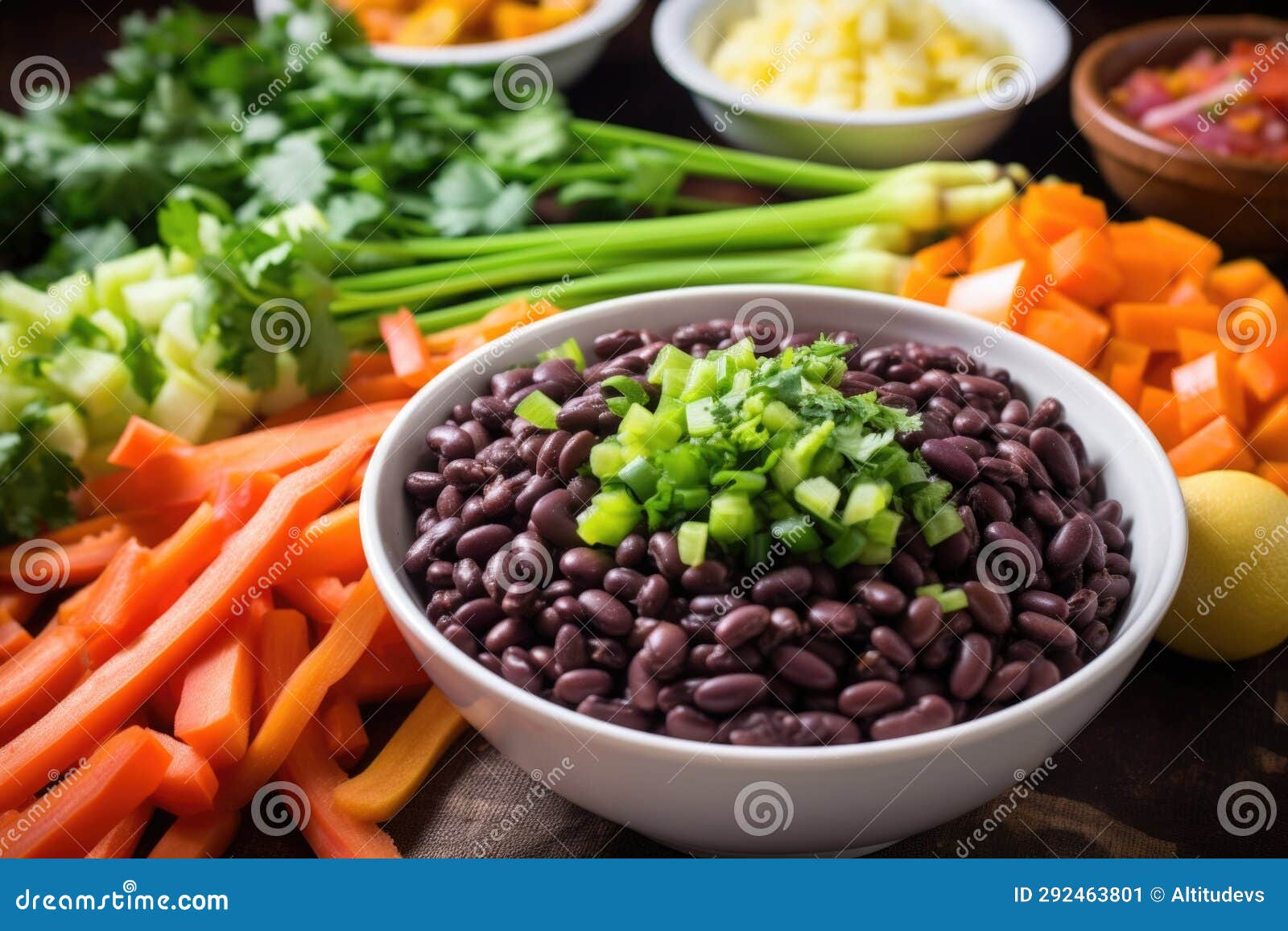 A Bowl of Black Beans and Chopped Vegetables for Feijoada Stock Image