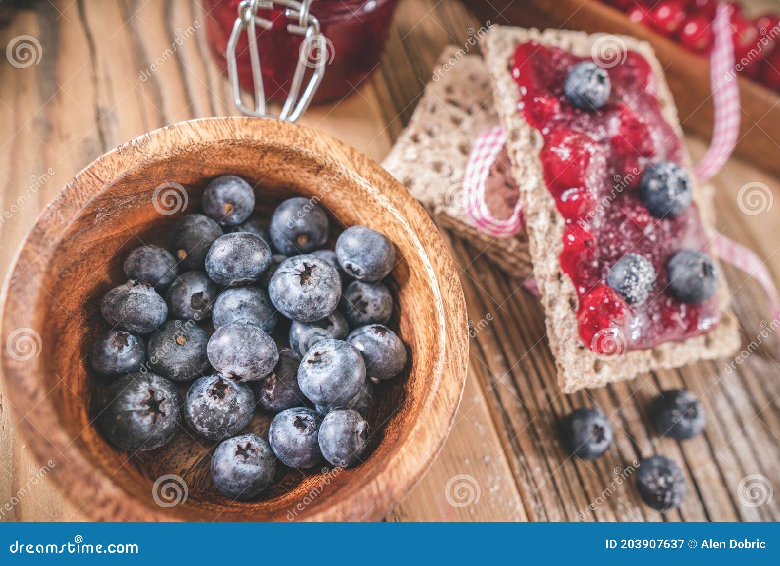 Bowl of Blueberries with Toast and Spread Jam Stock Image Image of