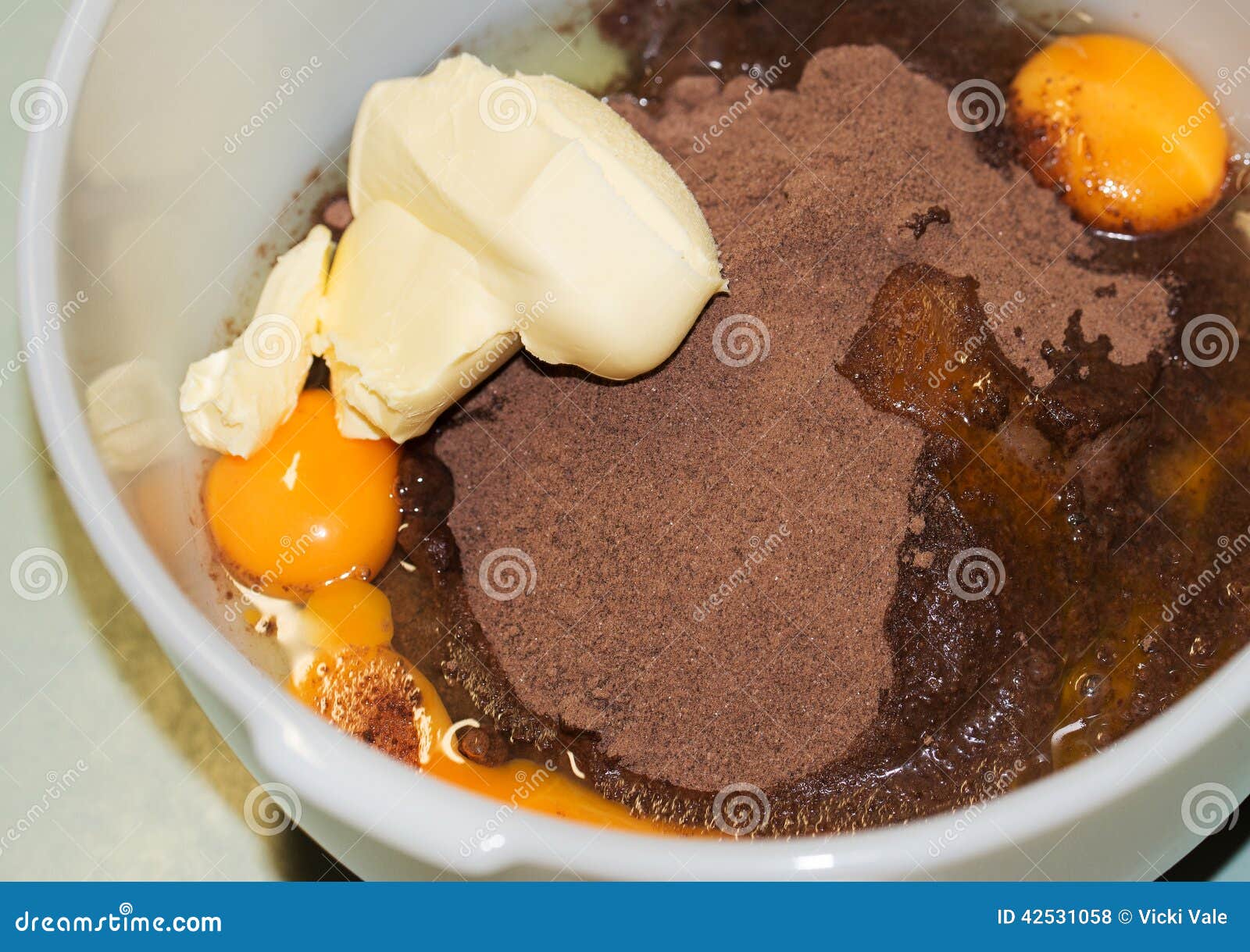 Bowl of Butter, Eggs, Flour and Cocoa. Stock Photo - Image of ...